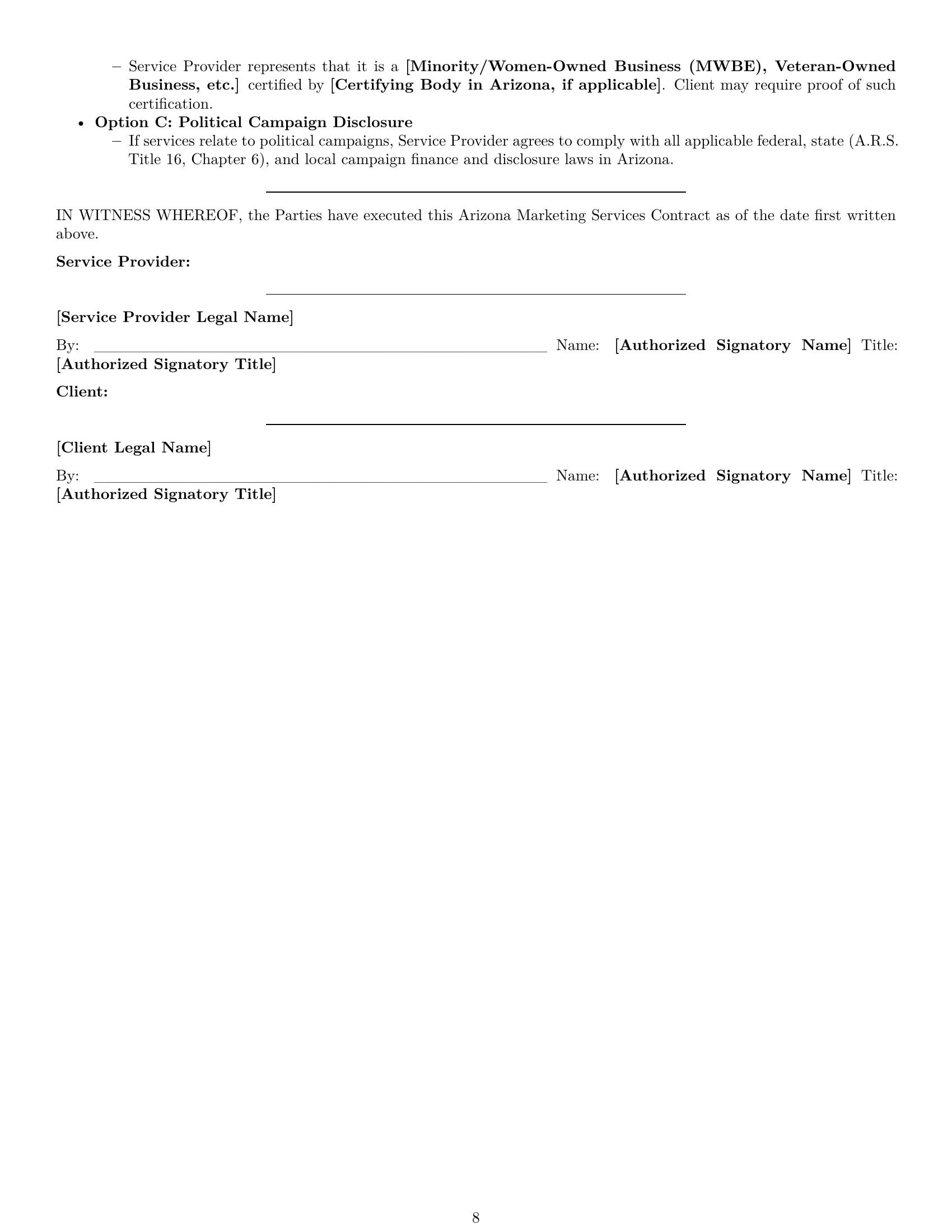 Preview page 8 of Pro Arizona marketing service contract template