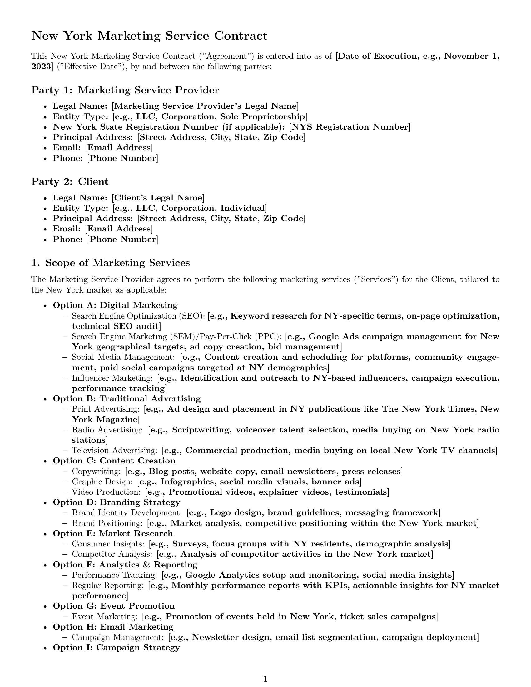 Preview page 1 of Pro New York marketing service contract template