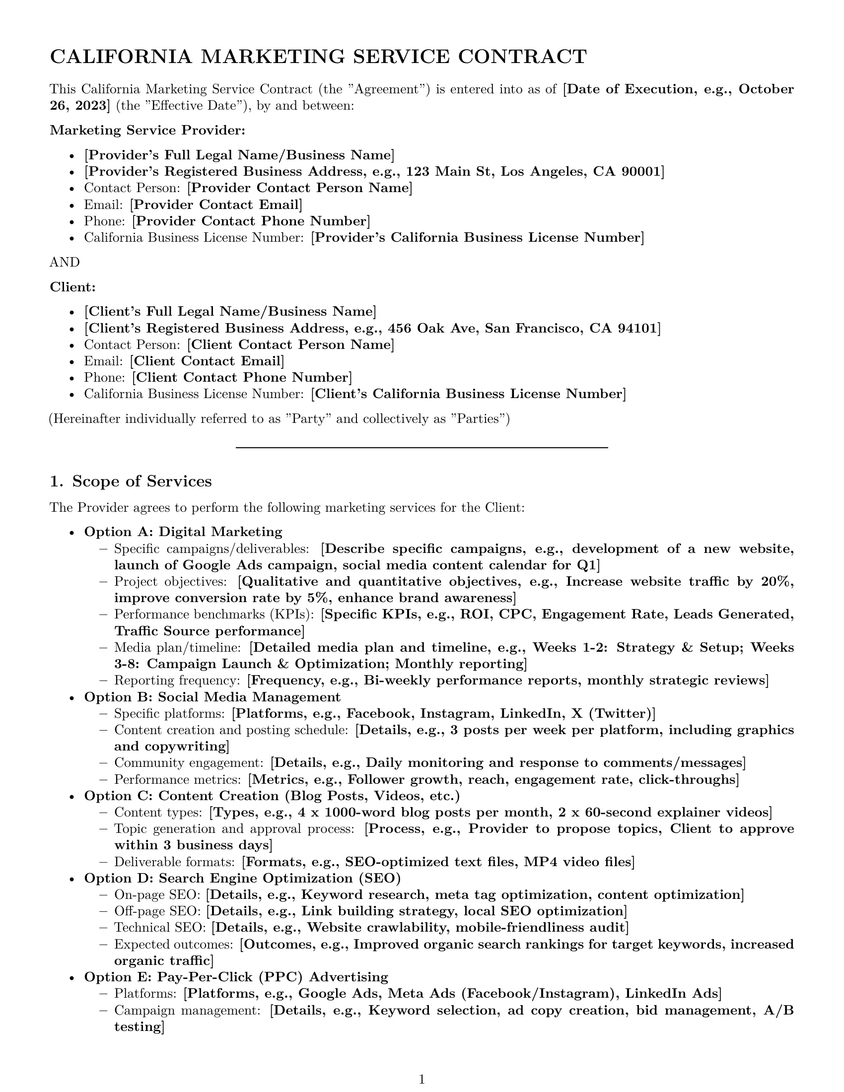 Preview page 1 of Pro California marketing service contract template