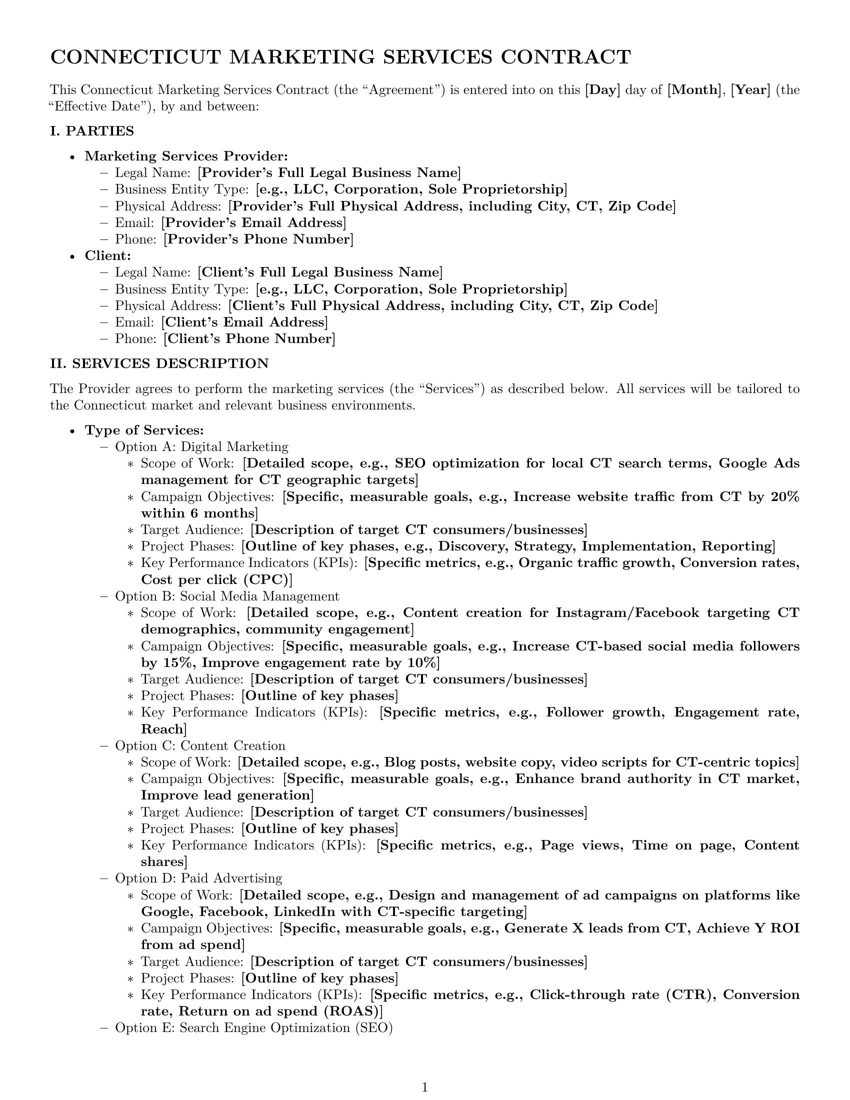 Preview page 1 of Pro Connecticut marketing service contract template
