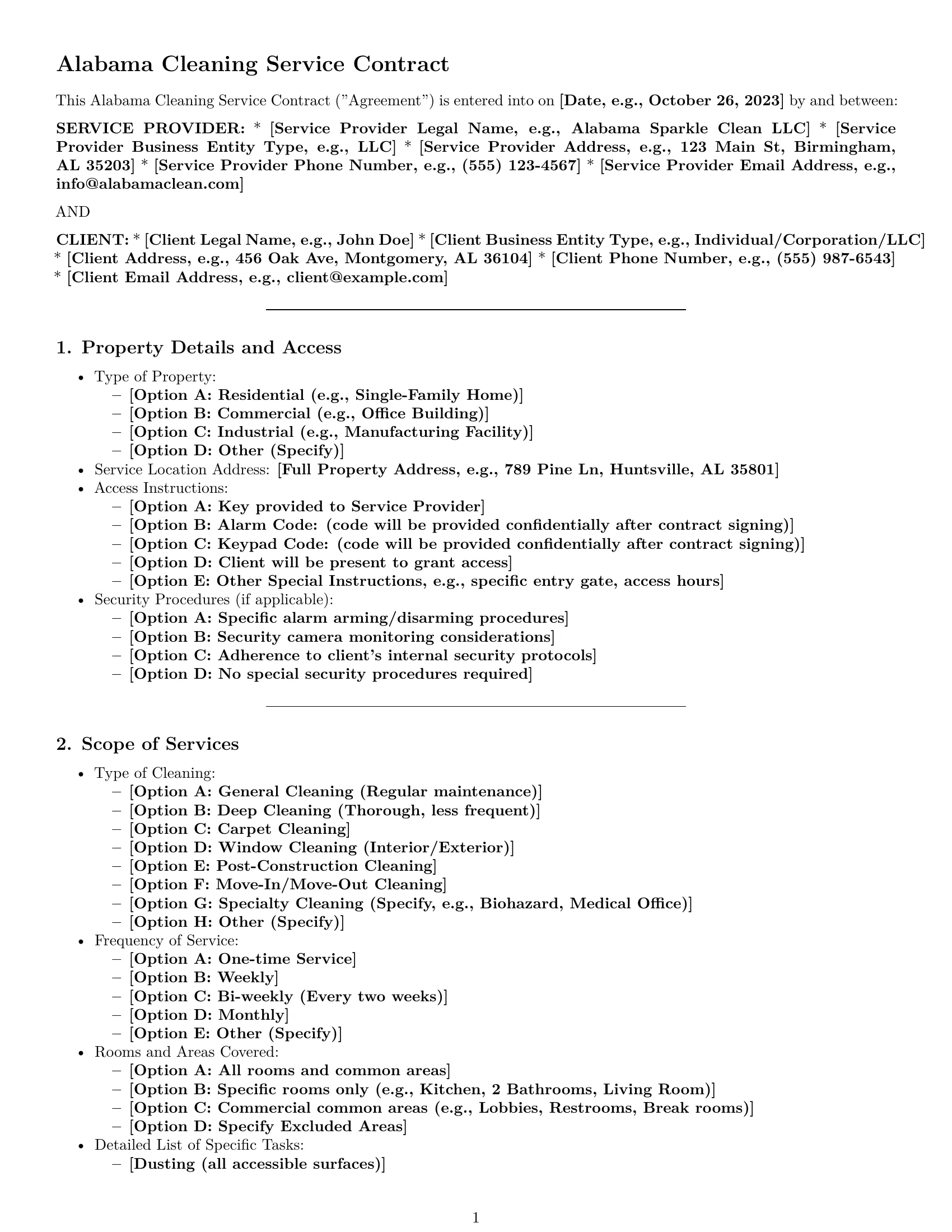 Preview page 1 of Pro Alabama cleaning service contract template