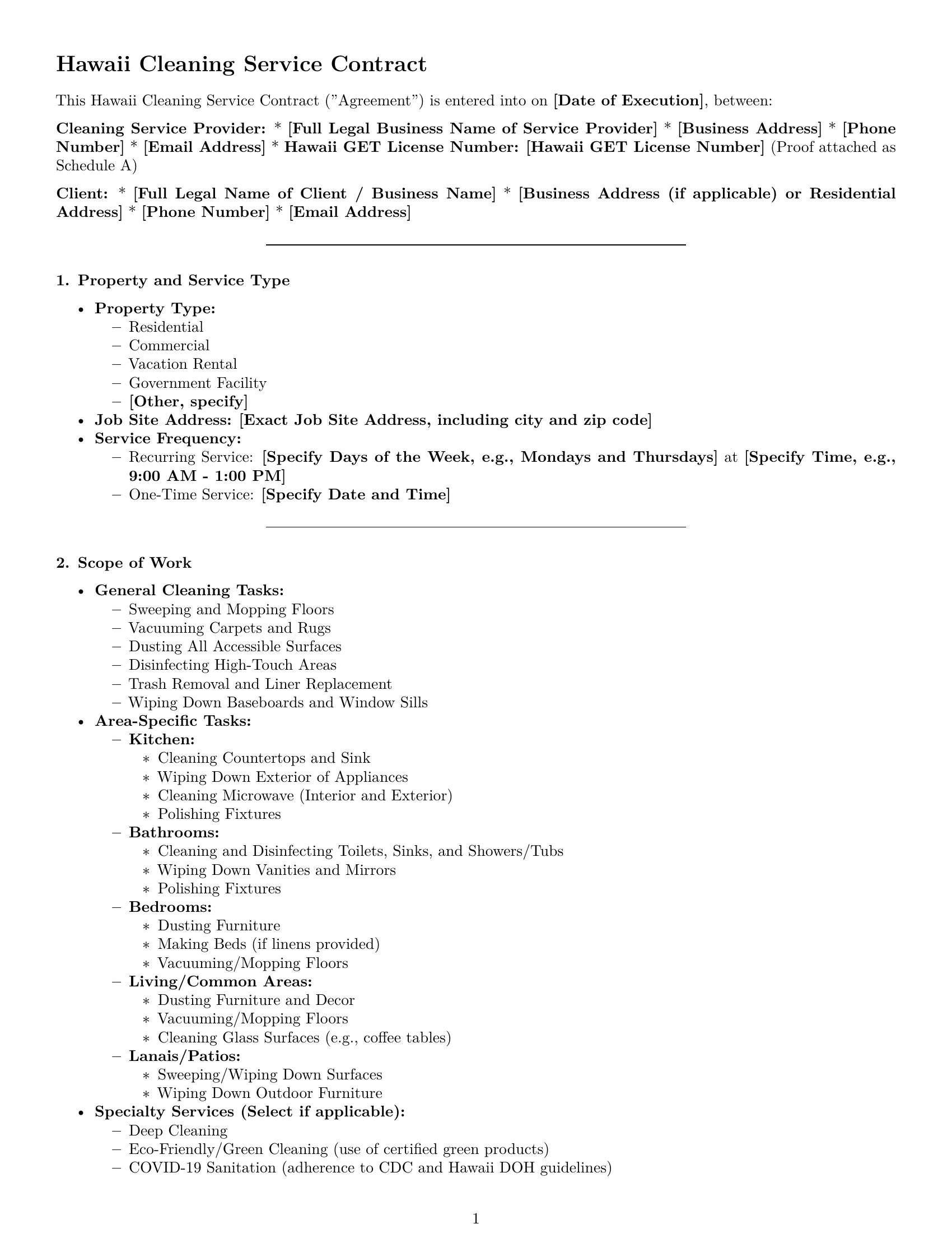 Preview page 1 of Pro Hawaii cleaning service contract template