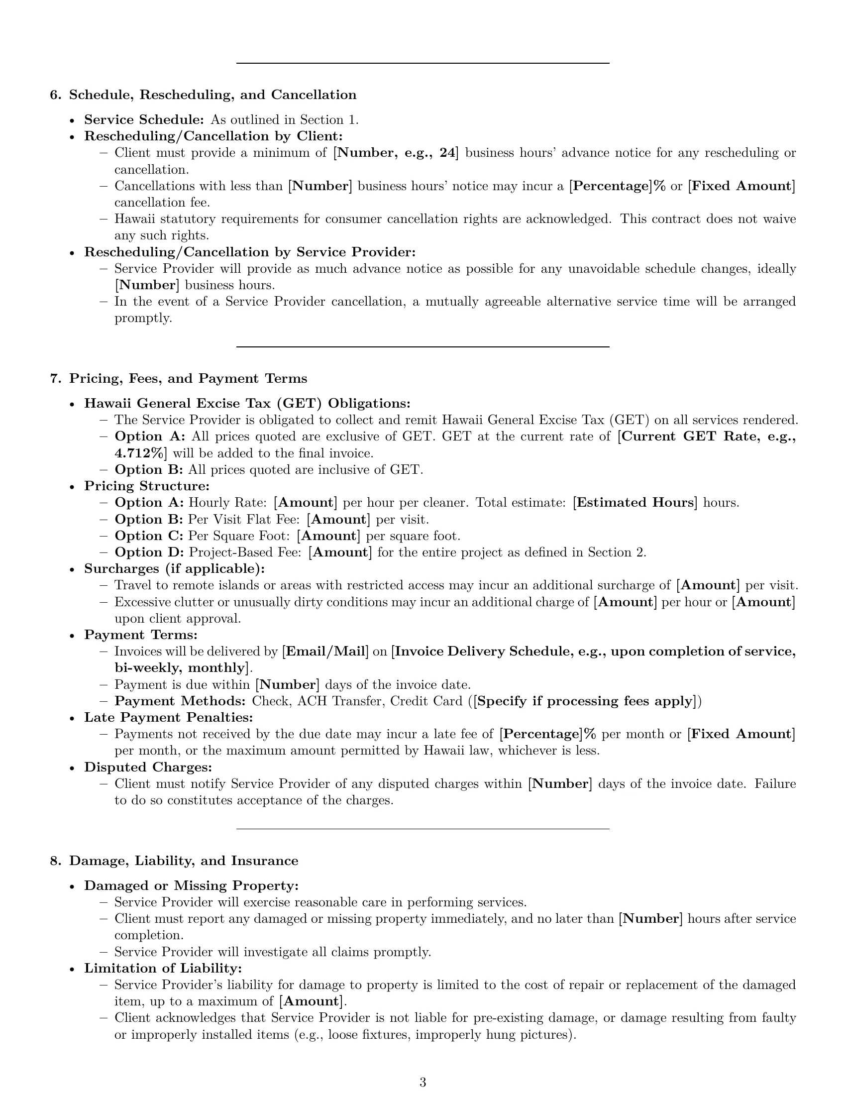 Preview page 3 of Pro Hawaii cleaning service contract template