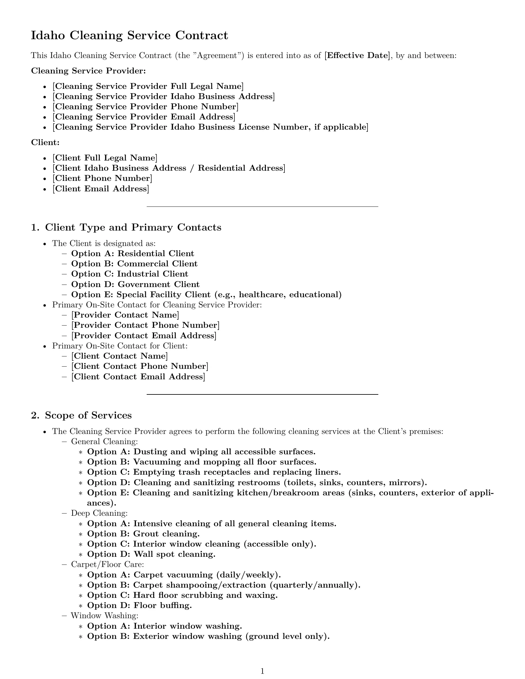 Preview page 1 of Pro Idaho cleaning service contract template