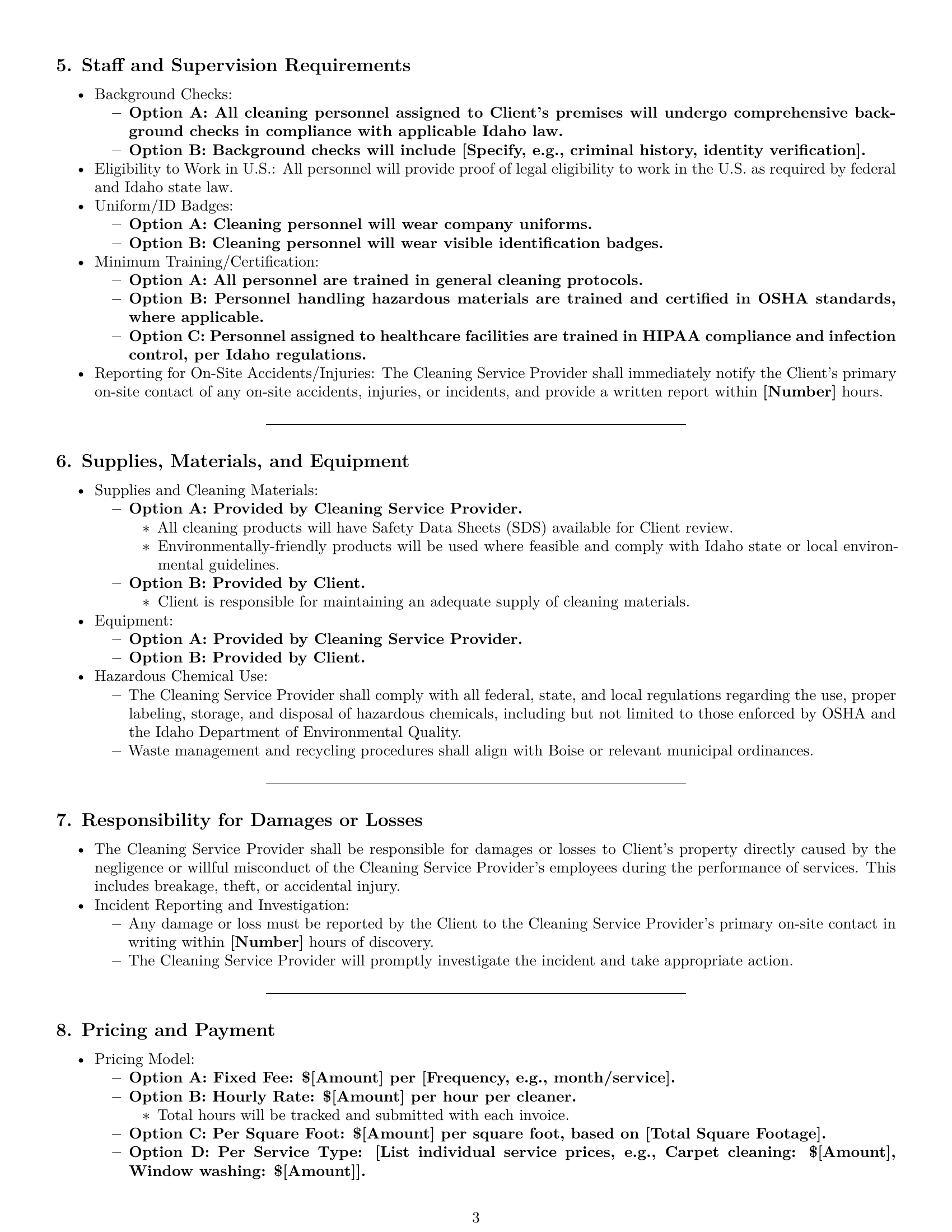 Preview page 3 of Pro Idaho cleaning service contract template