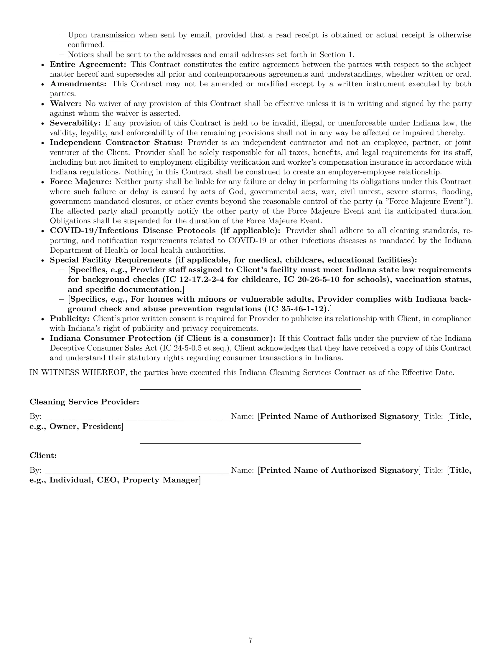 Preview page 7 of Pro Indiana cleaning service contract template