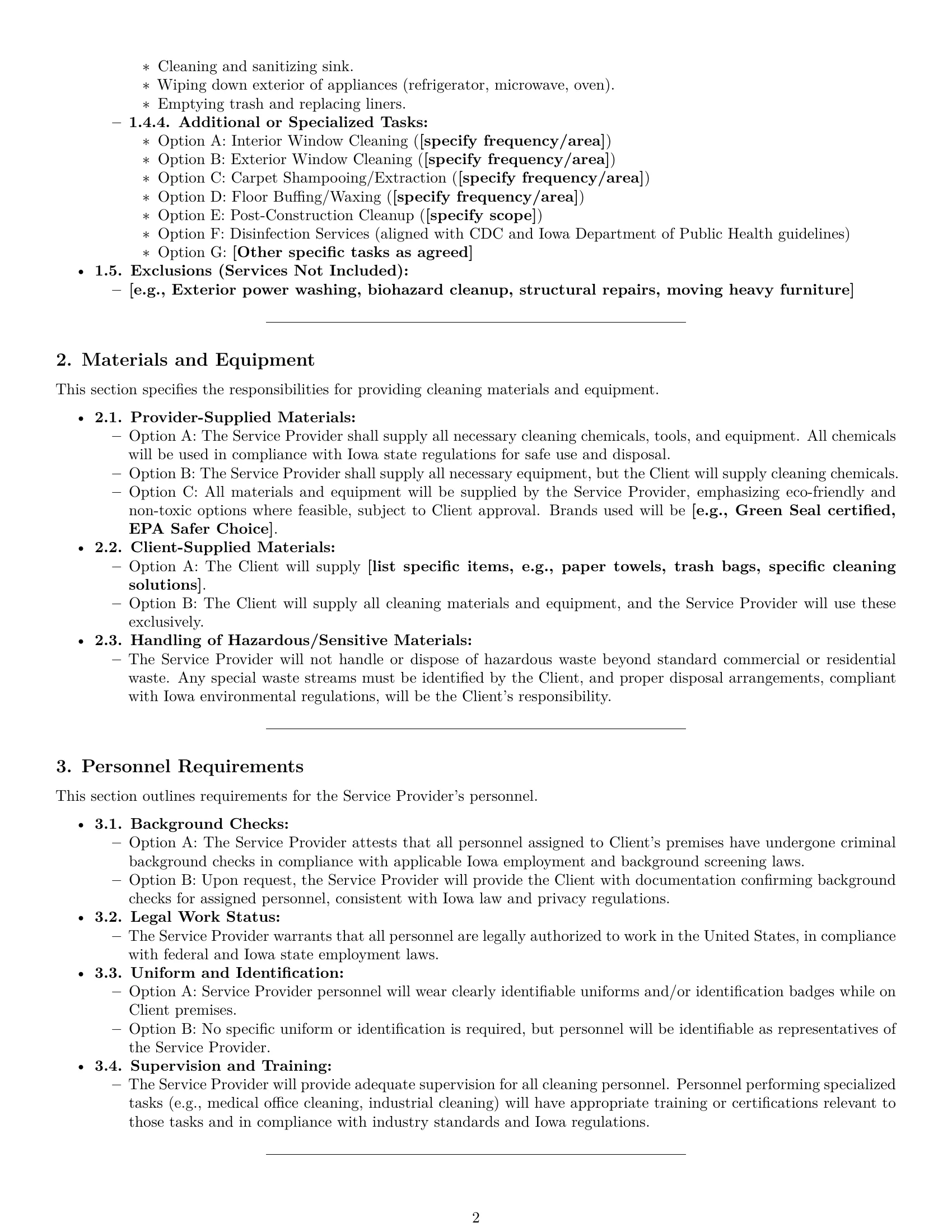 Preview page 2 of Pro Iowa cleaning service contract template