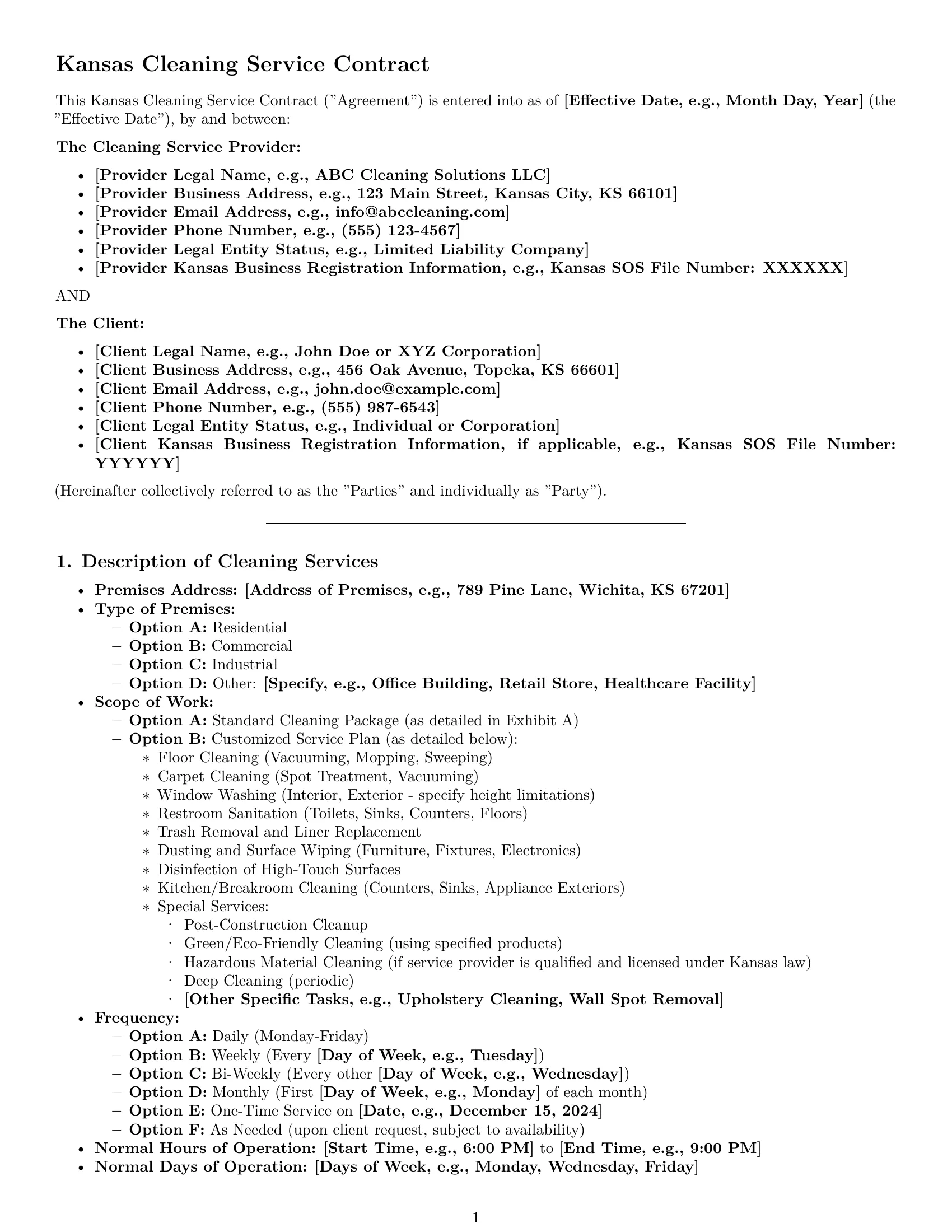 Preview page 1 of Pro Kansas cleaning service contract template