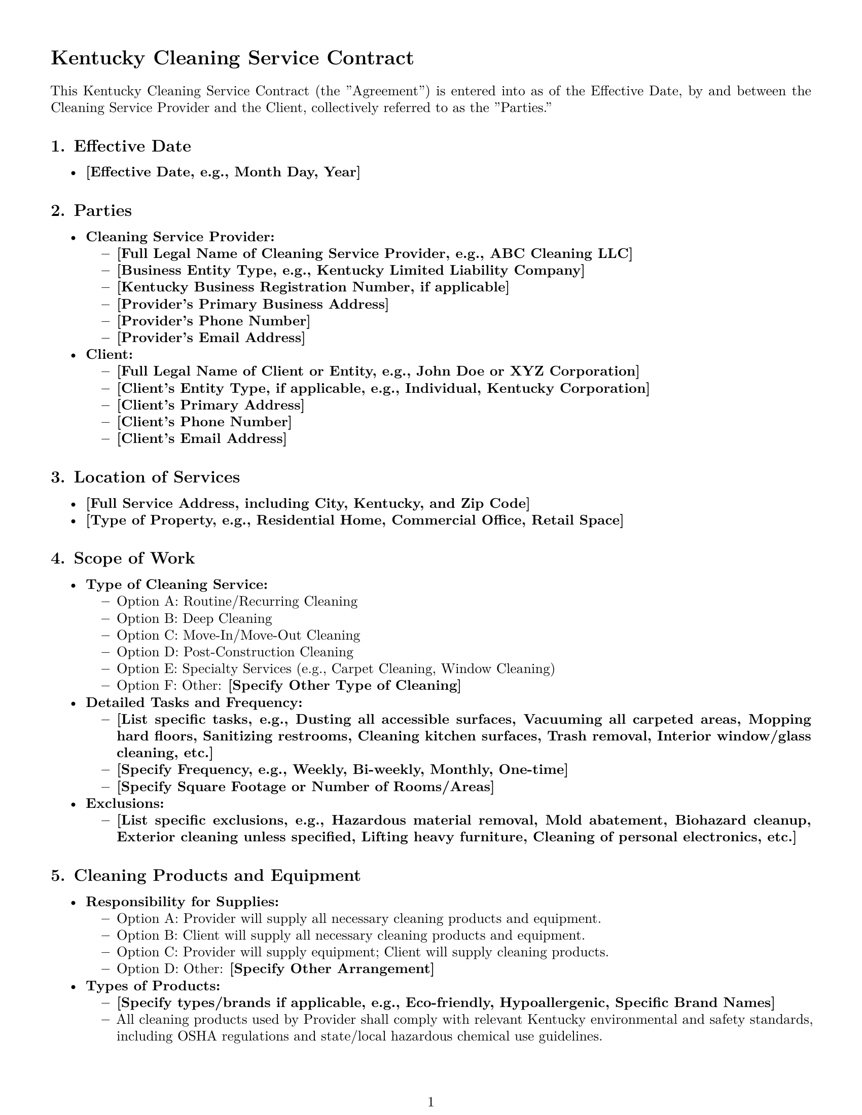 Preview page 1 of Pro Kentucky cleaning service contract template