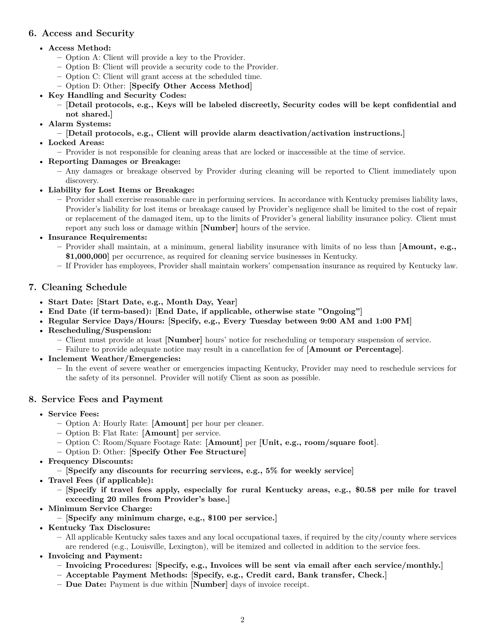 Preview page 2 of Pro Kentucky cleaning service contract template