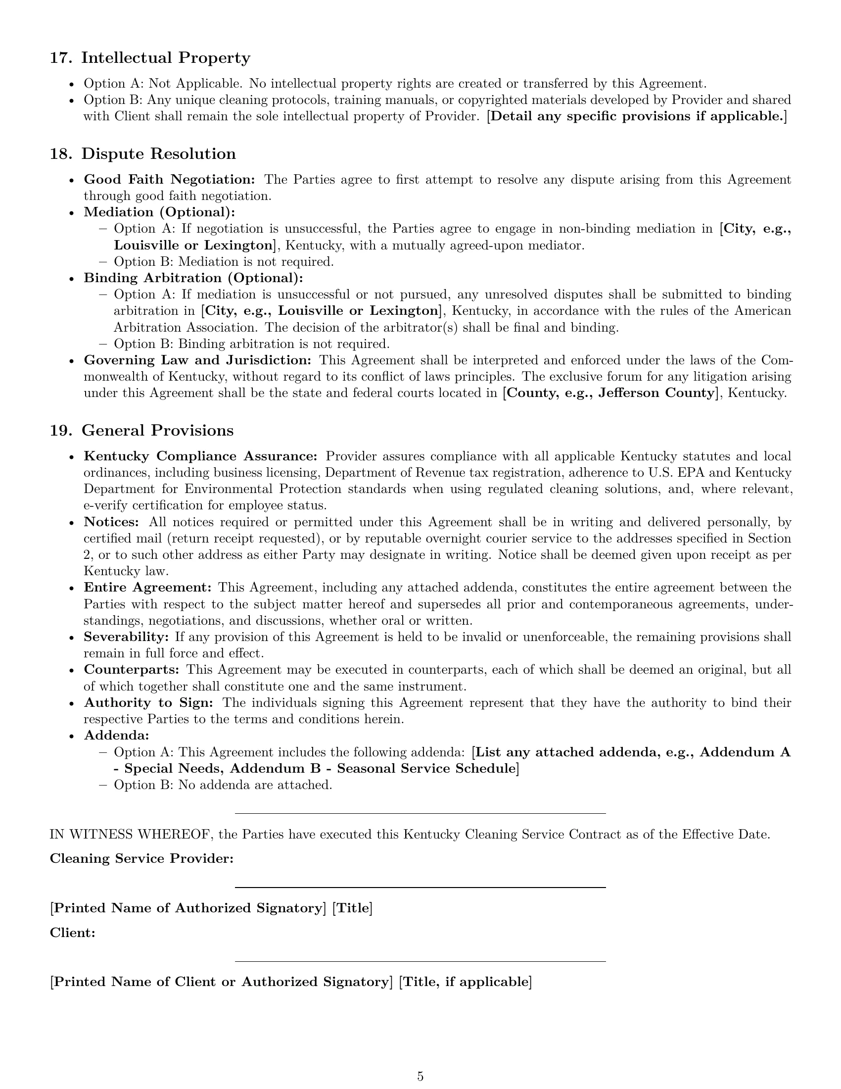 Preview page 5 of Pro Kentucky cleaning service contract template