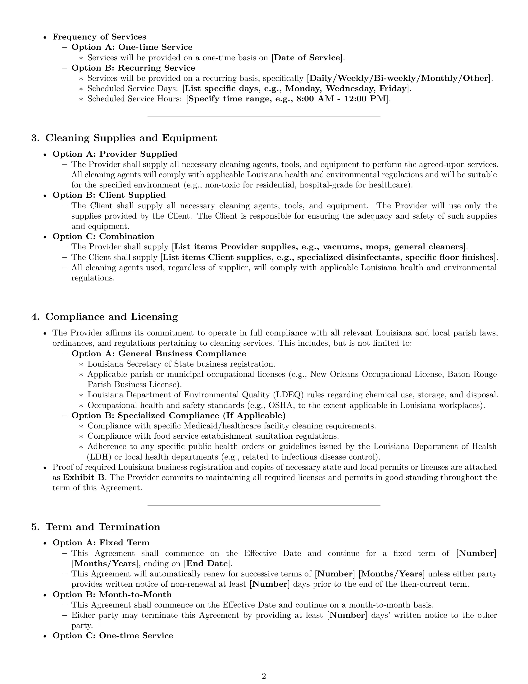 Preview page 2 of Pro Louisiana cleaning service contract template