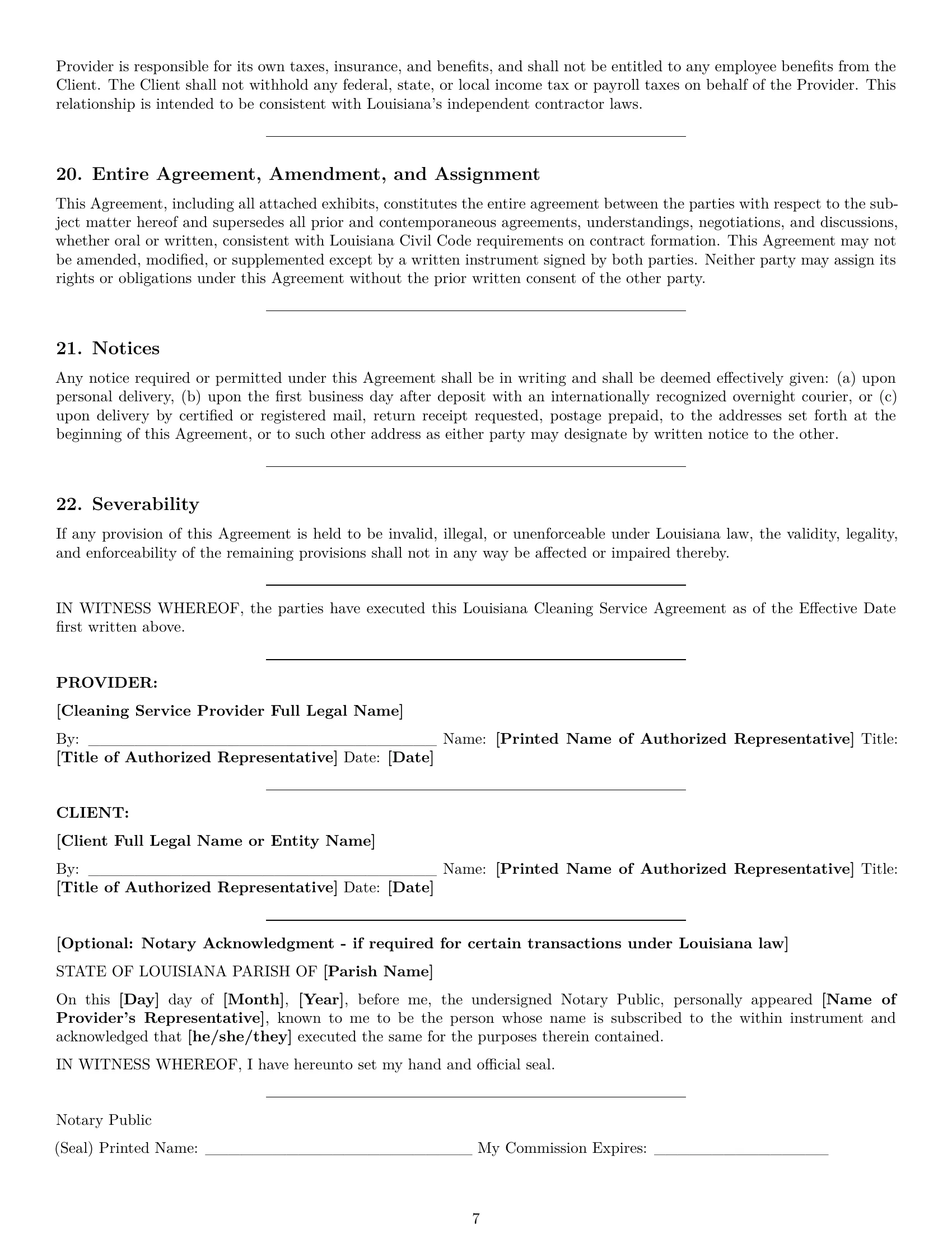 Preview page 7 of Pro Louisiana cleaning service contract template