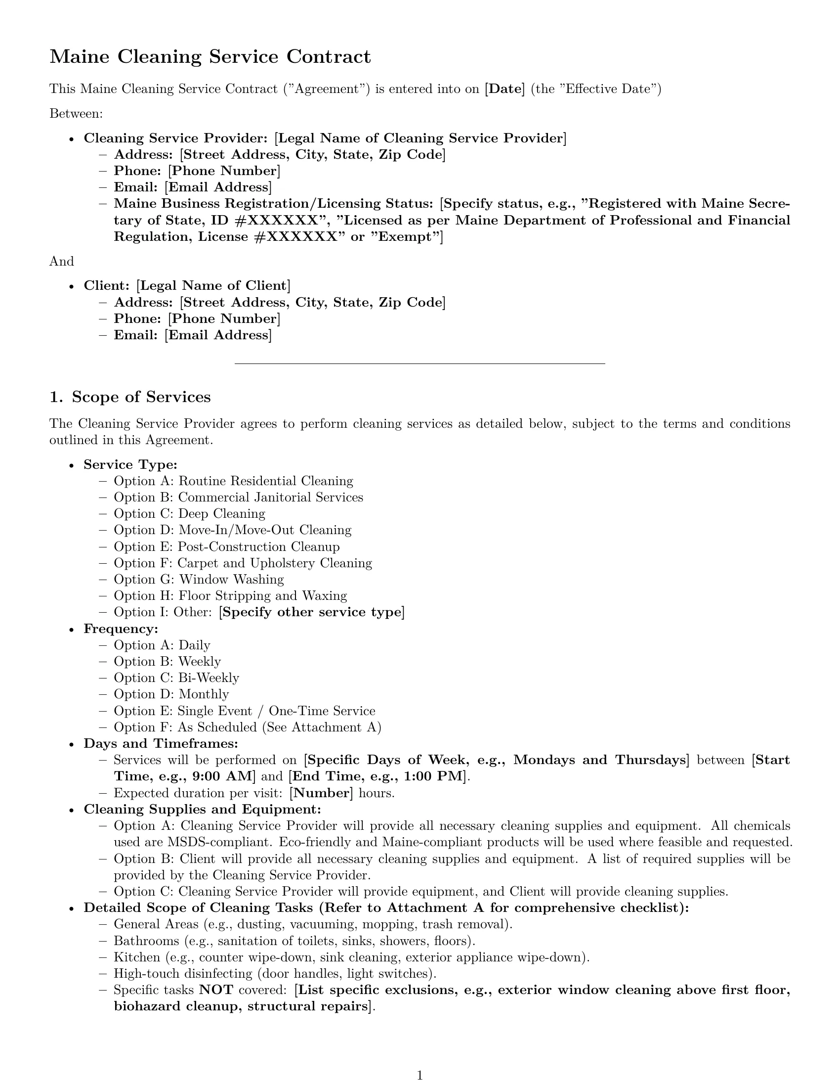 Preview page 1 of Pro Maine cleaning service contract template