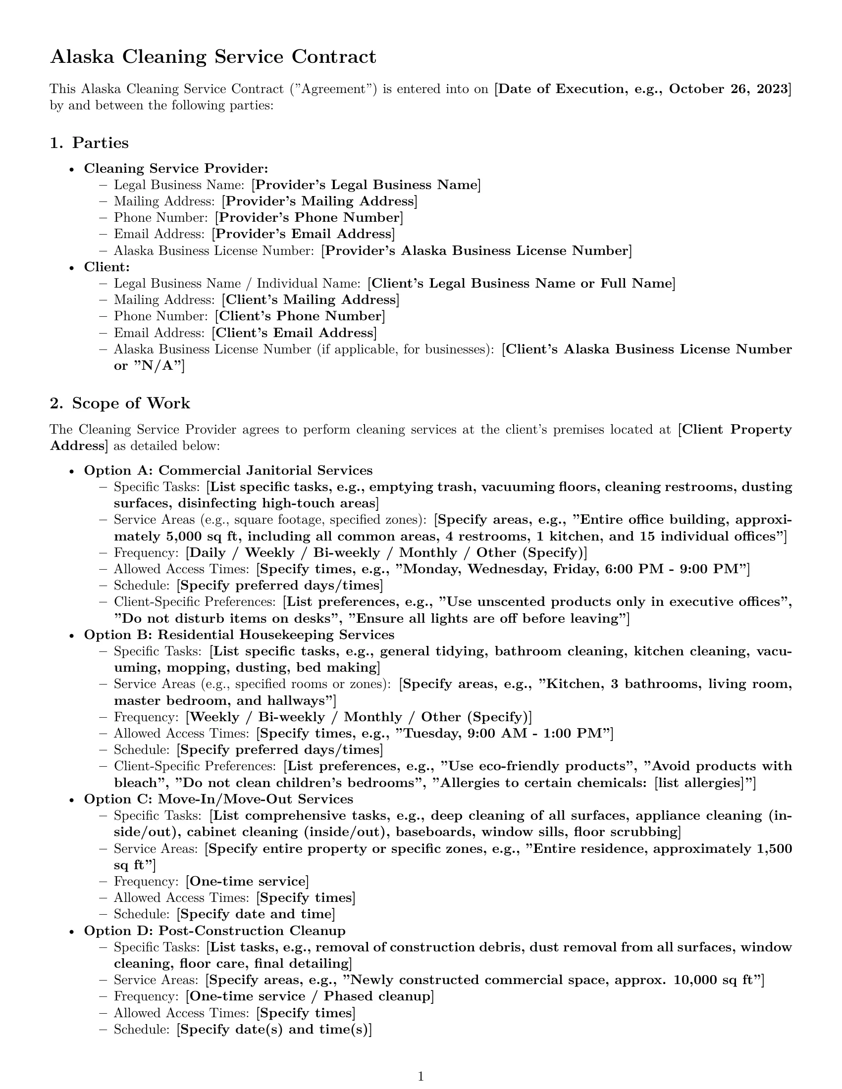 Preview page 1 of Pro Alaska cleaning service contract template