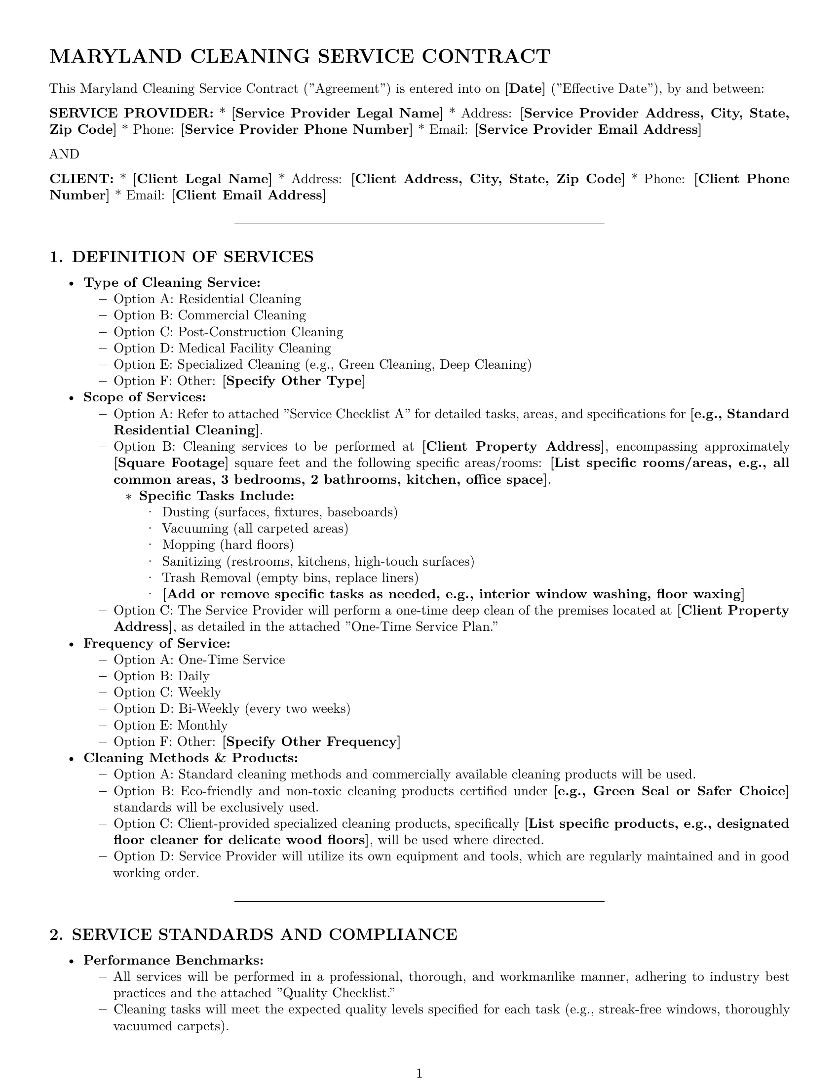 Preview page 1 of Pro Maryland cleaning service contract template