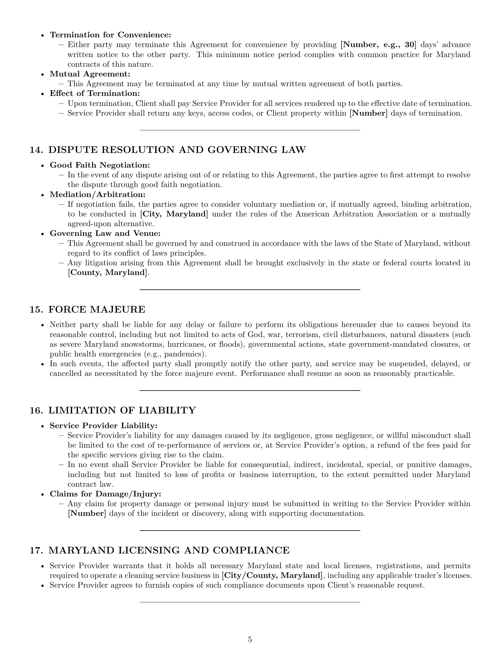Preview page 5 of Pro Maryland cleaning service contract template