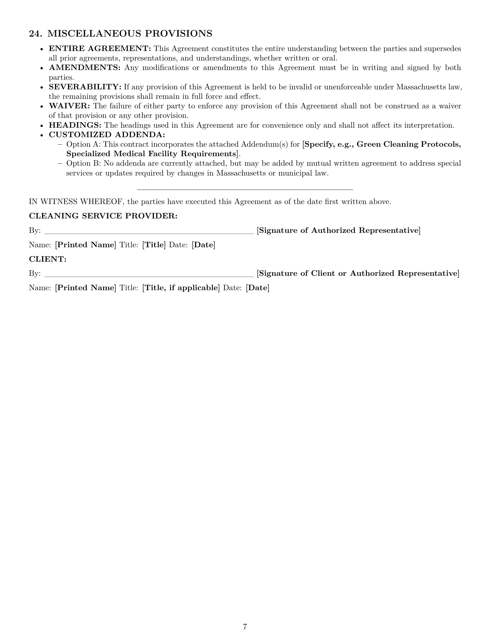 Preview page 7 of Pro Massachusetts cleaning service contract template