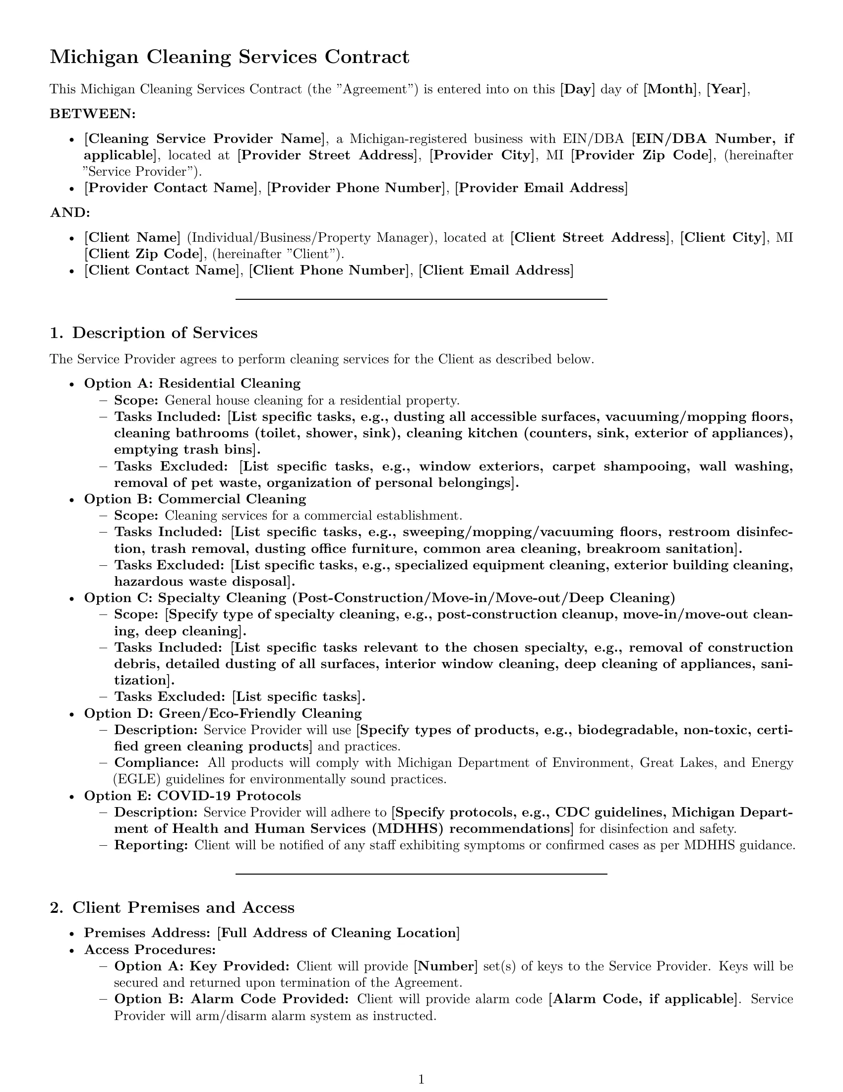 Preview page 1 of Pro Michigan cleaning service contract template