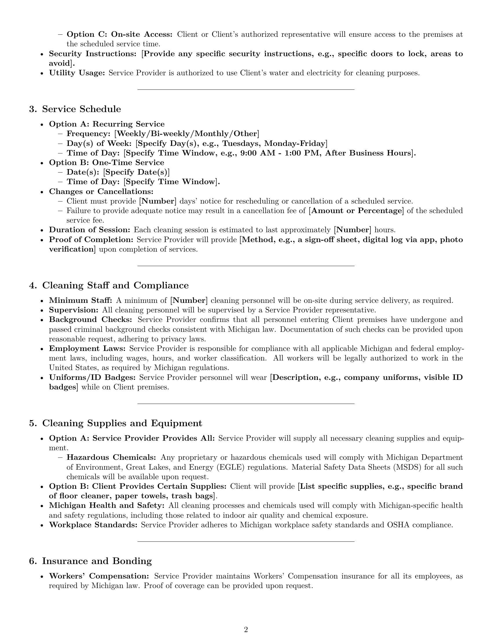 Preview page 2 of Pro Michigan cleaning service contract template