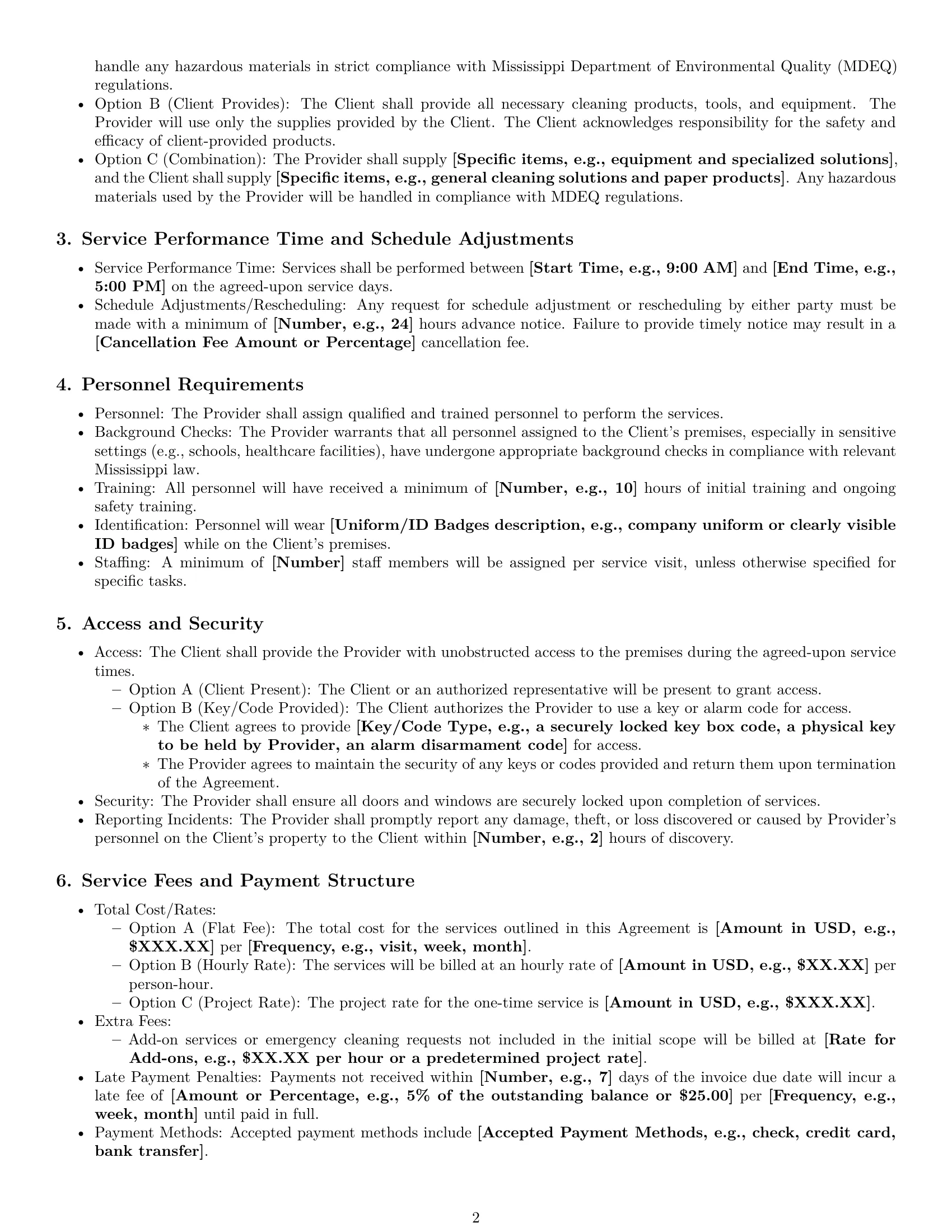 Preview page 2 of Pro Mississippi cleaning service contract template