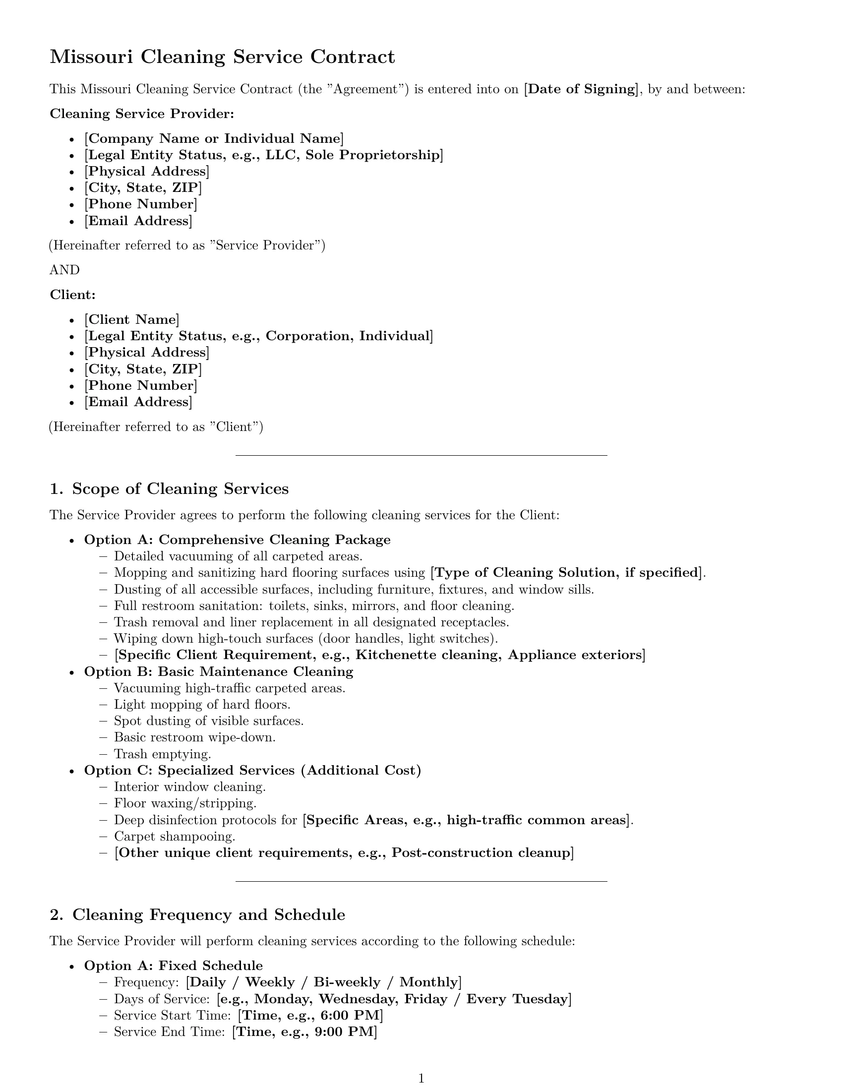 Preview page 1 of Pro Missouri cleaning service contract template