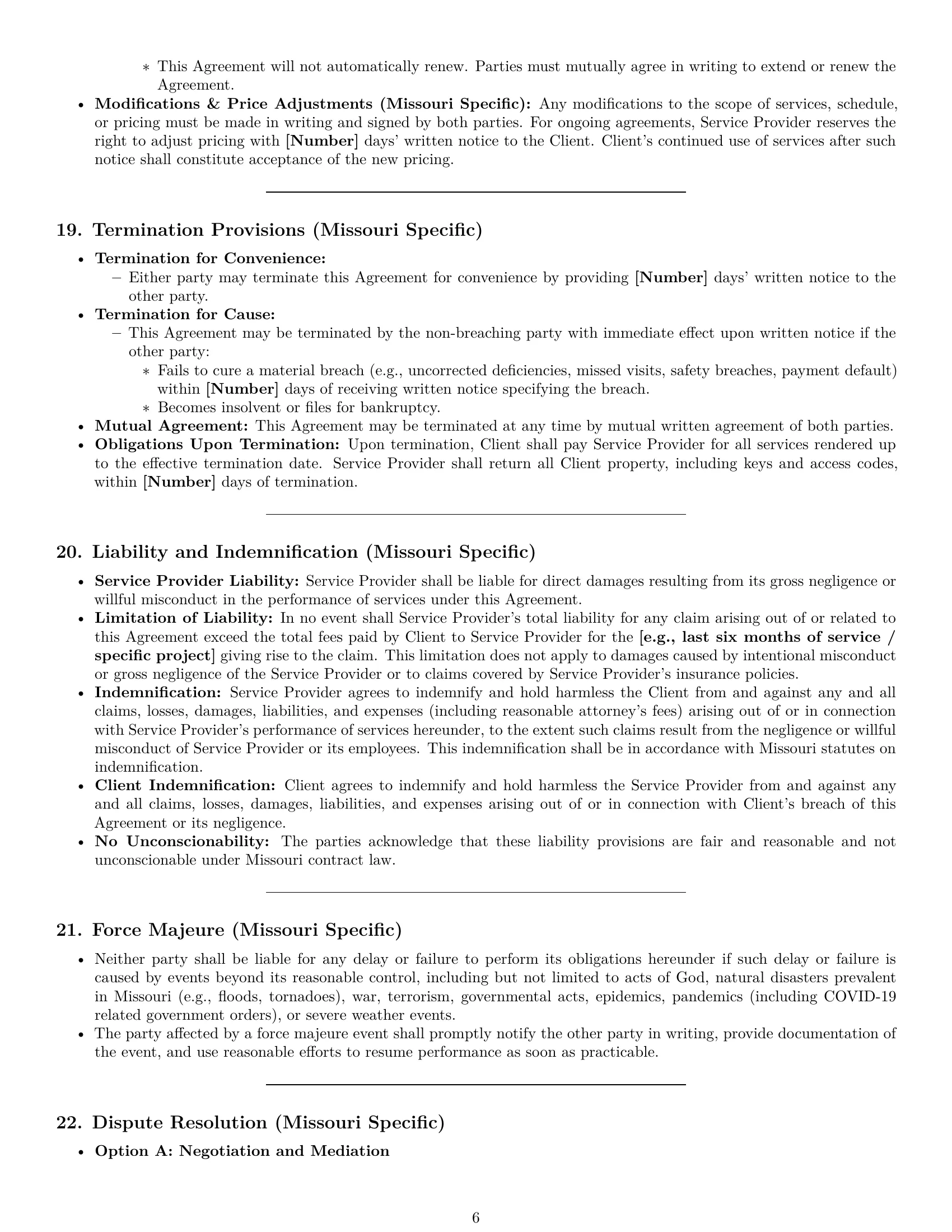 Preview page 6 of Pro Missouri cleaning service contract template