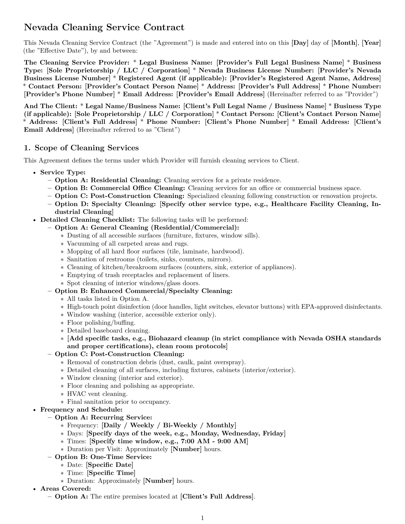 Preview page 1 of Pro Nevada cleaning service contract template