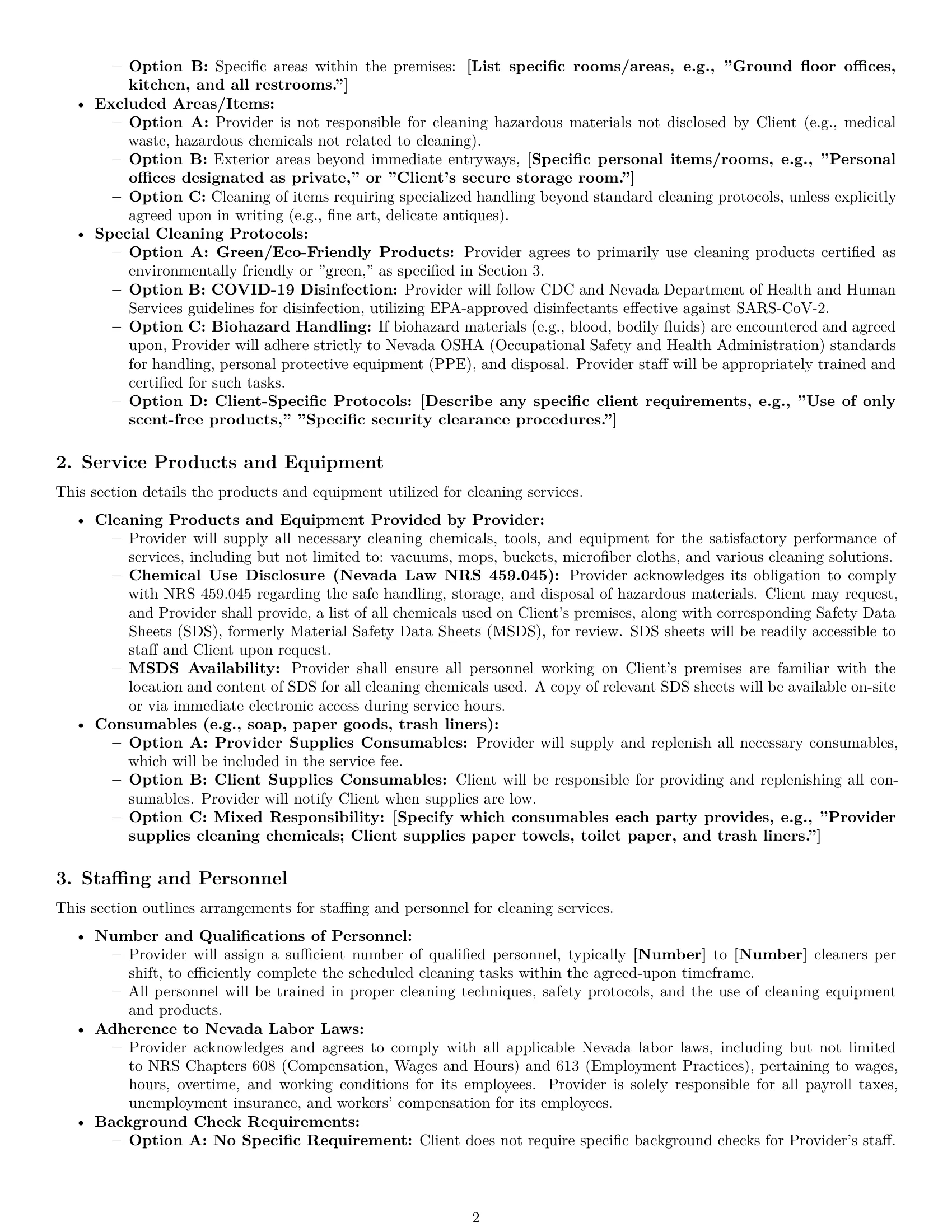Preview page 2 of Pro Nevada cleaning service contract template