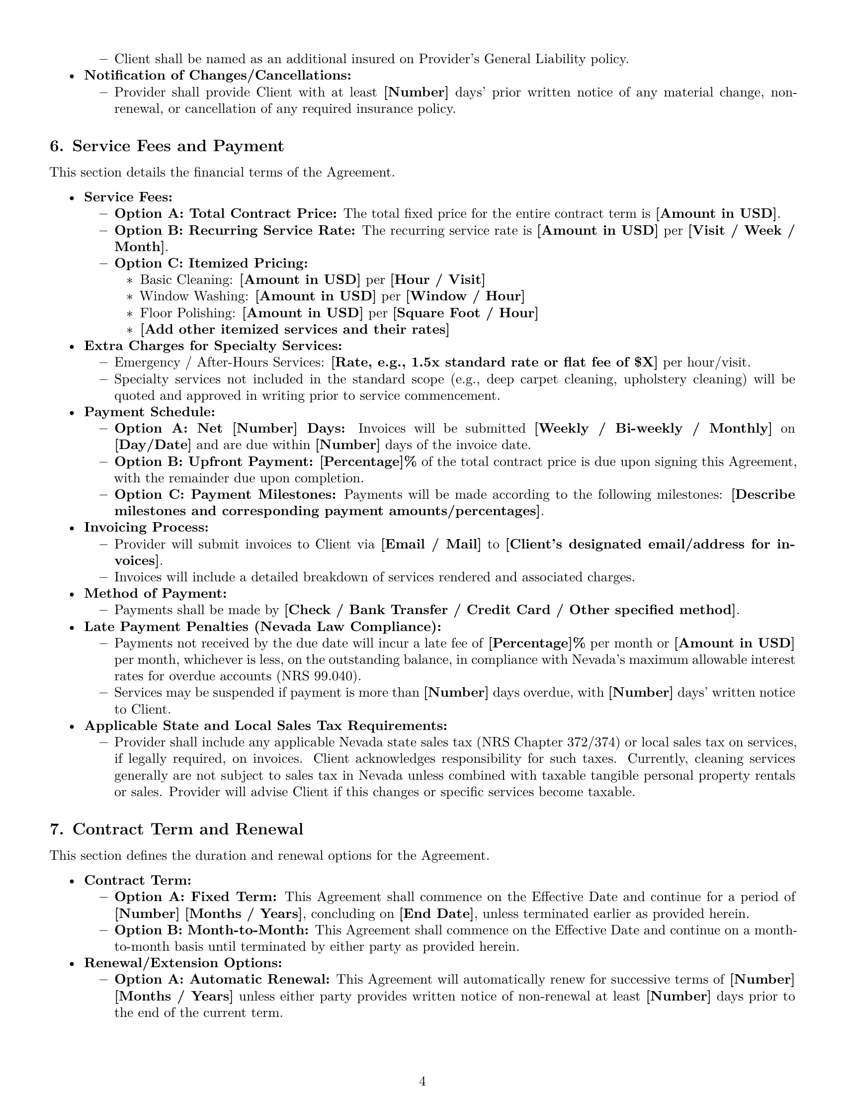 Preview page 4 of Pro Nevada cleaning service contract template