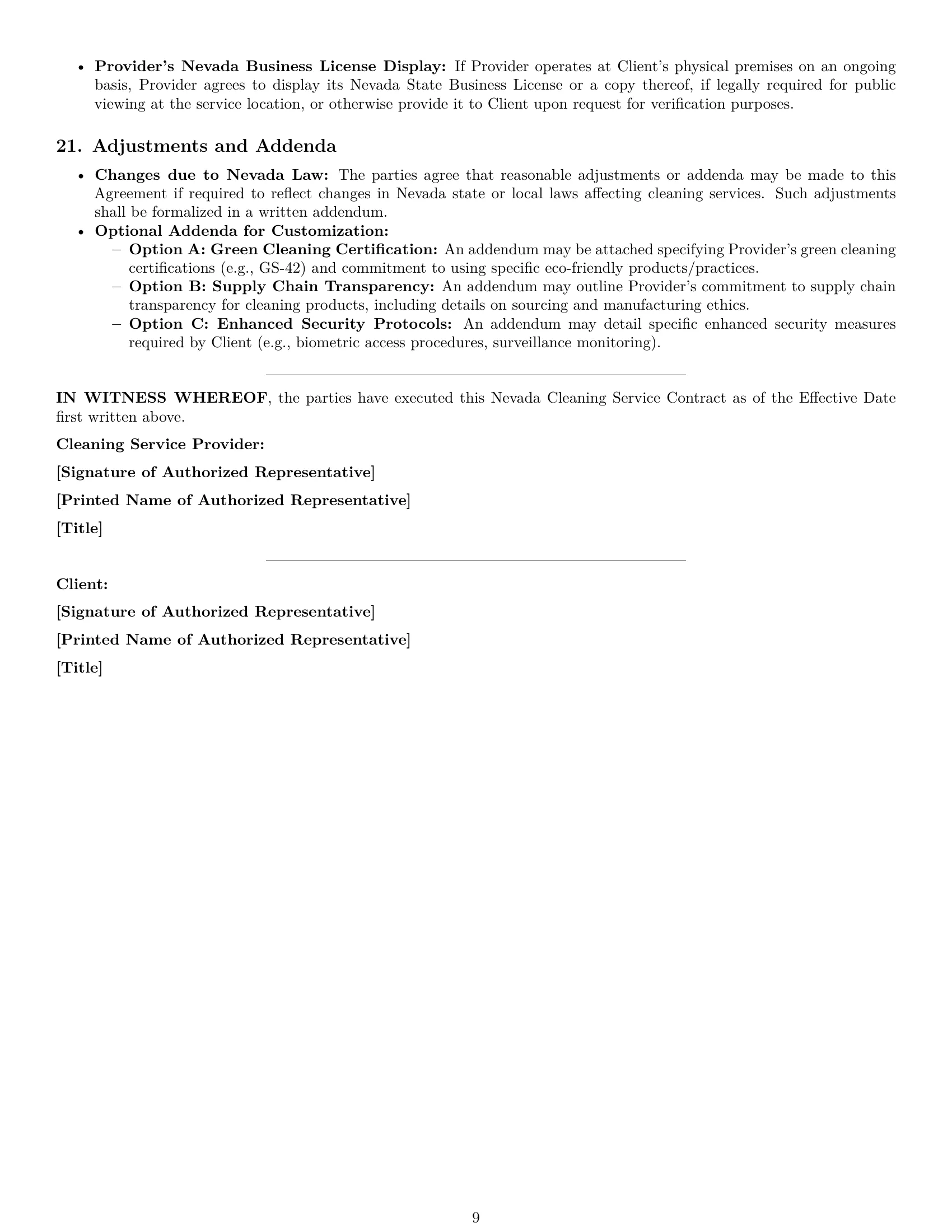Preview page 9 of Pro Nevada cleaning service contract template