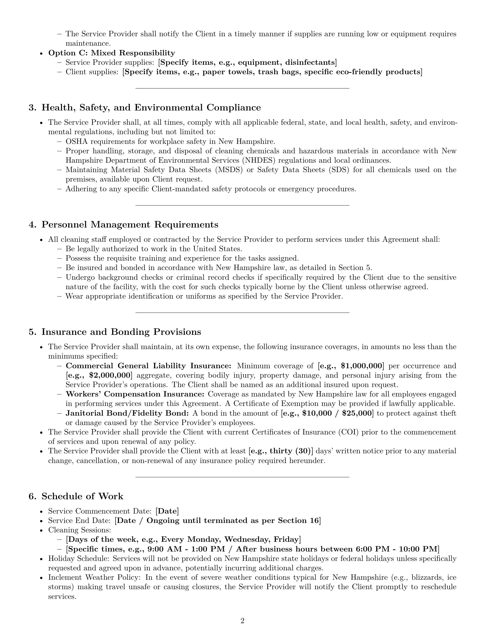 Preview page 2 of Pro New Hampshire cleaning service contract template
