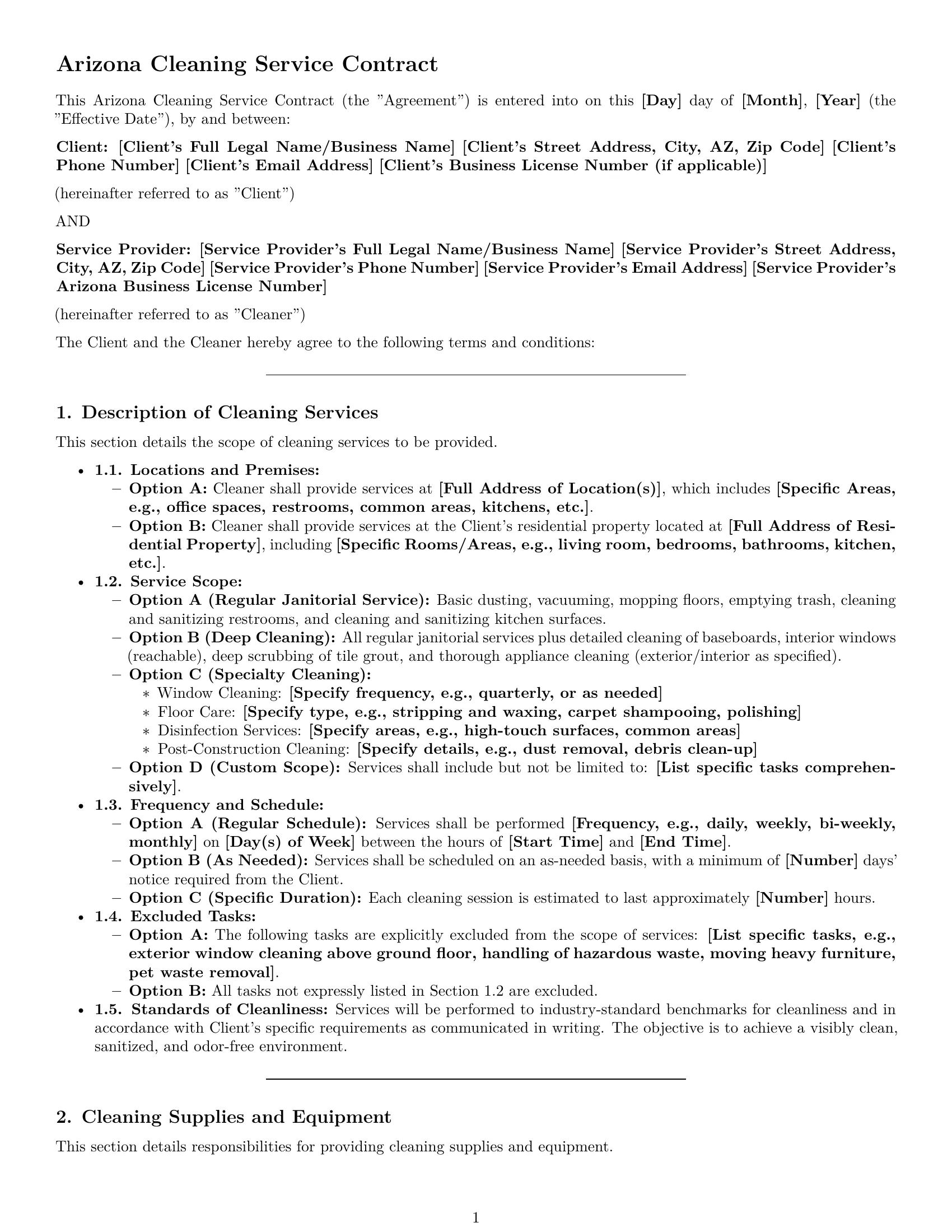 Preview page 1 of Pro Arizona cleaning service contract template