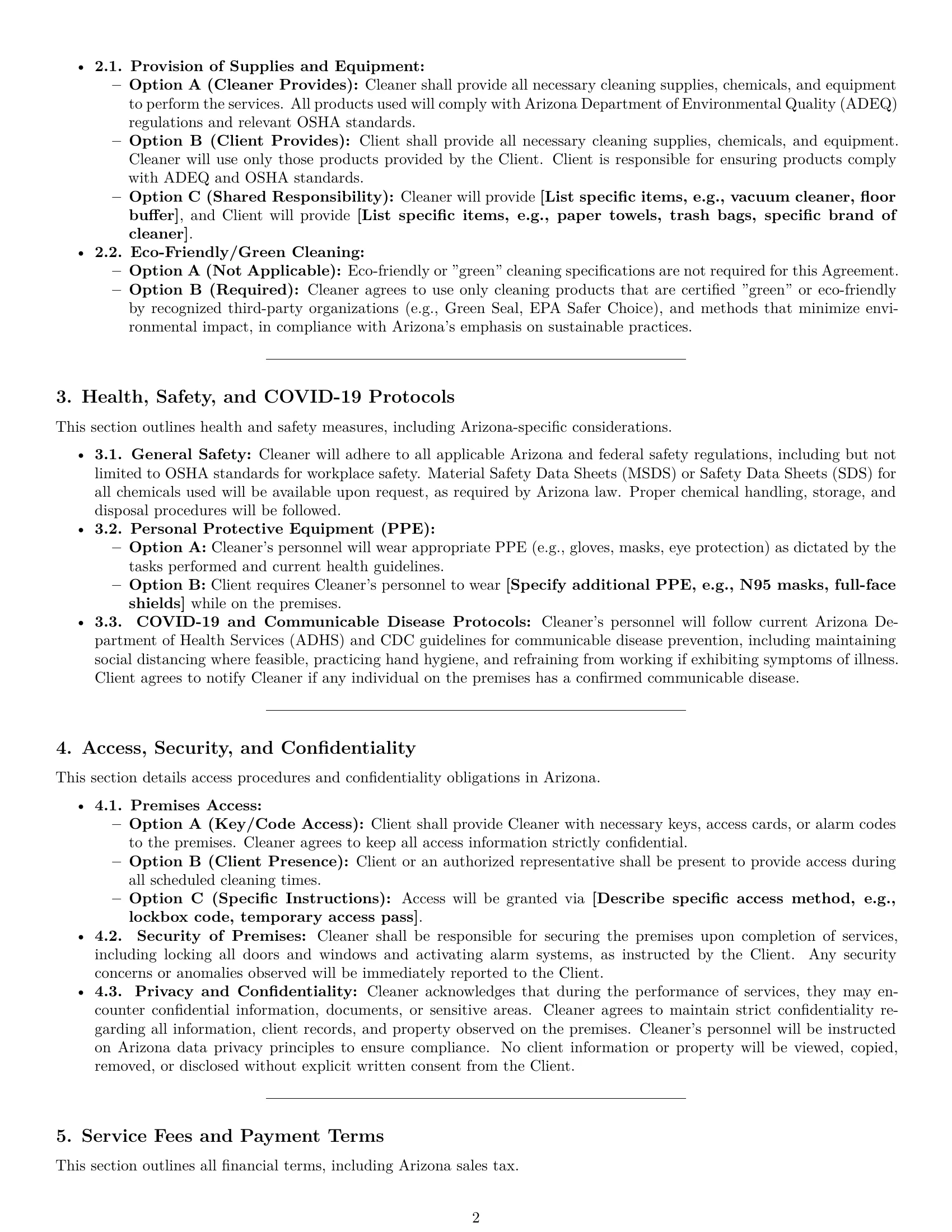 Preview page 2 of Pro Arizona cleaning service contract template
