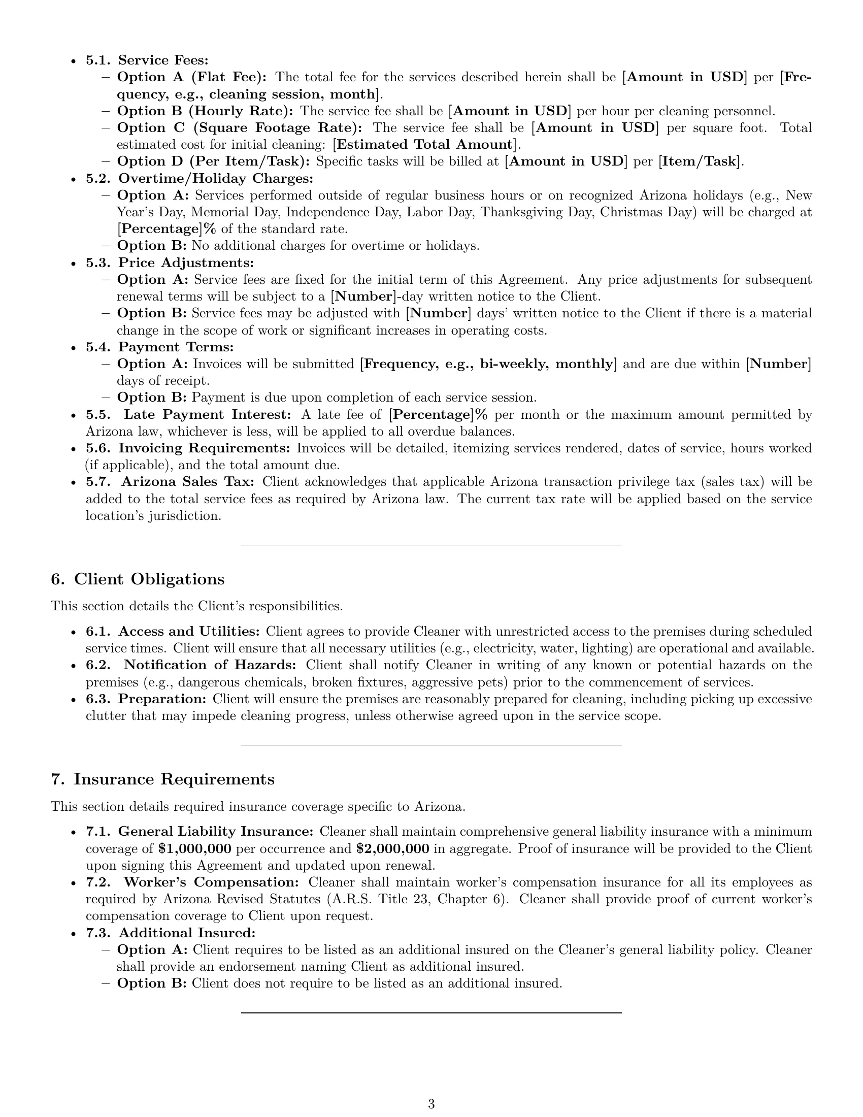 Preview page 3 of Pro Arizona cleaning service contract template