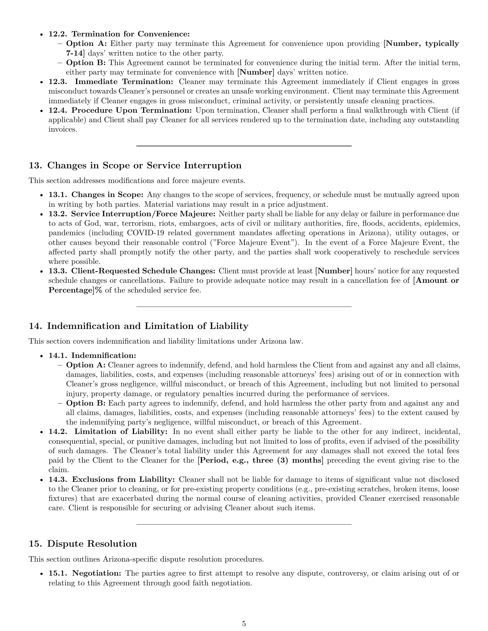 Preview page 5 of Pro Arizona cleaning service contract template