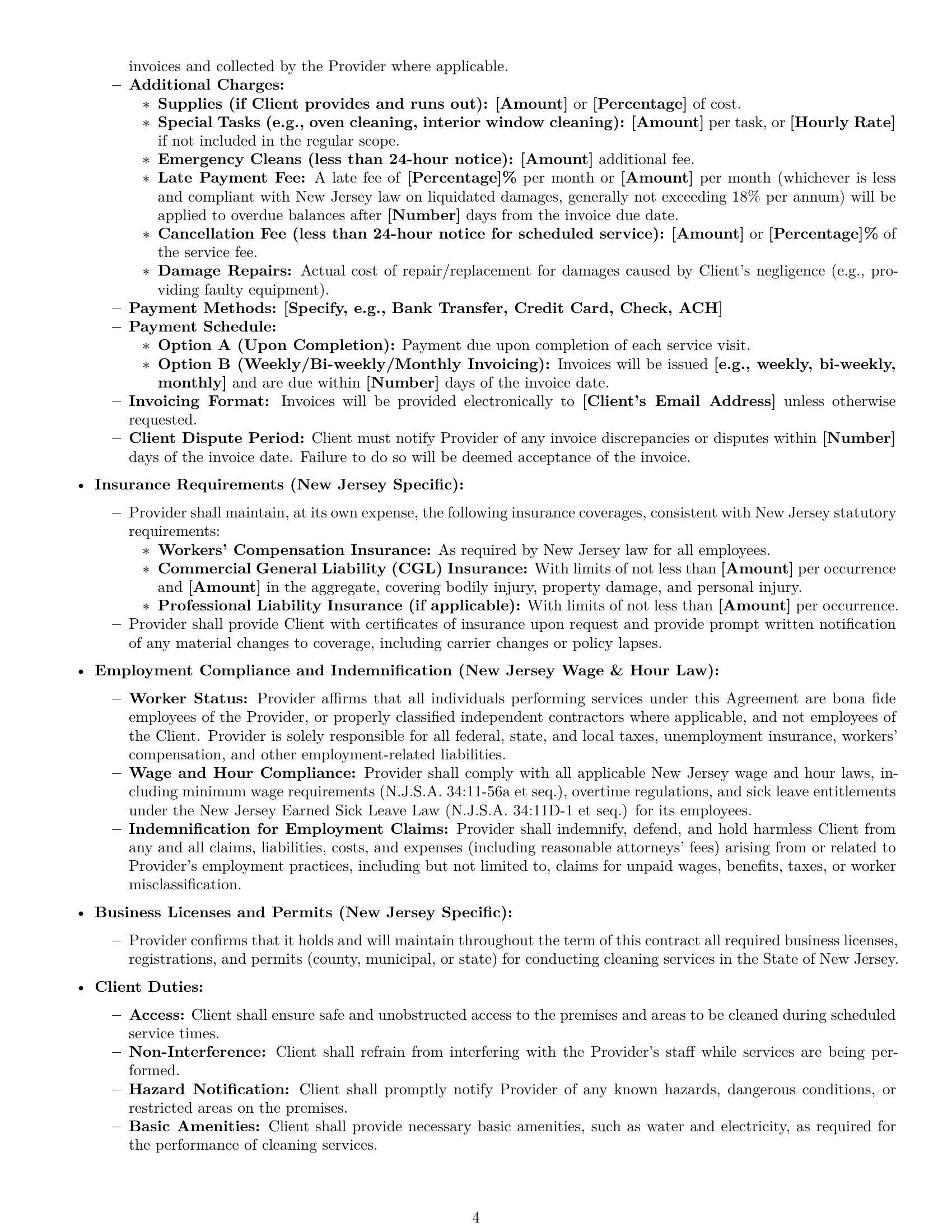 Preview page 4 of Pro New Jersey cleaning service contract template