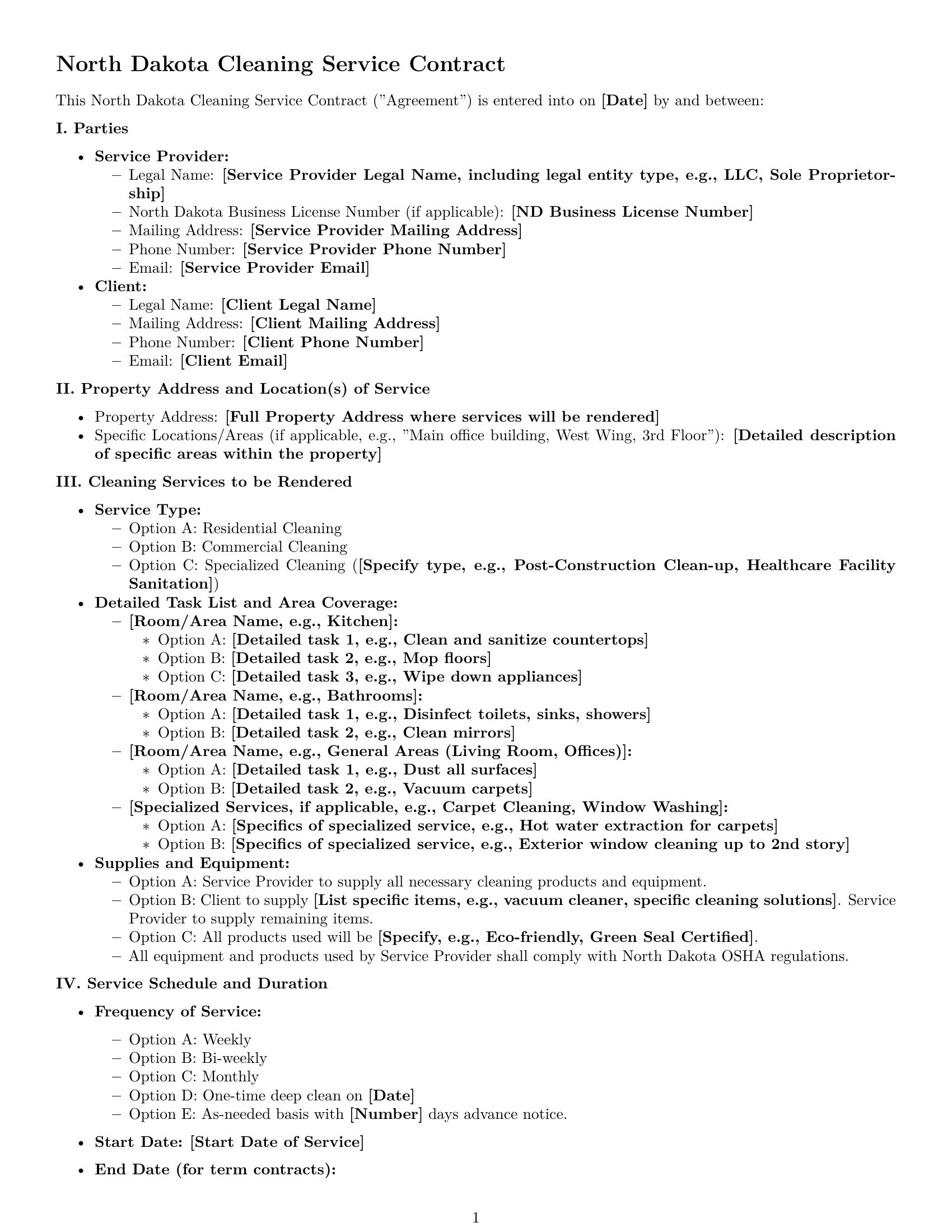 Preview page 1 of Pro North Dakota cleaning service contract template