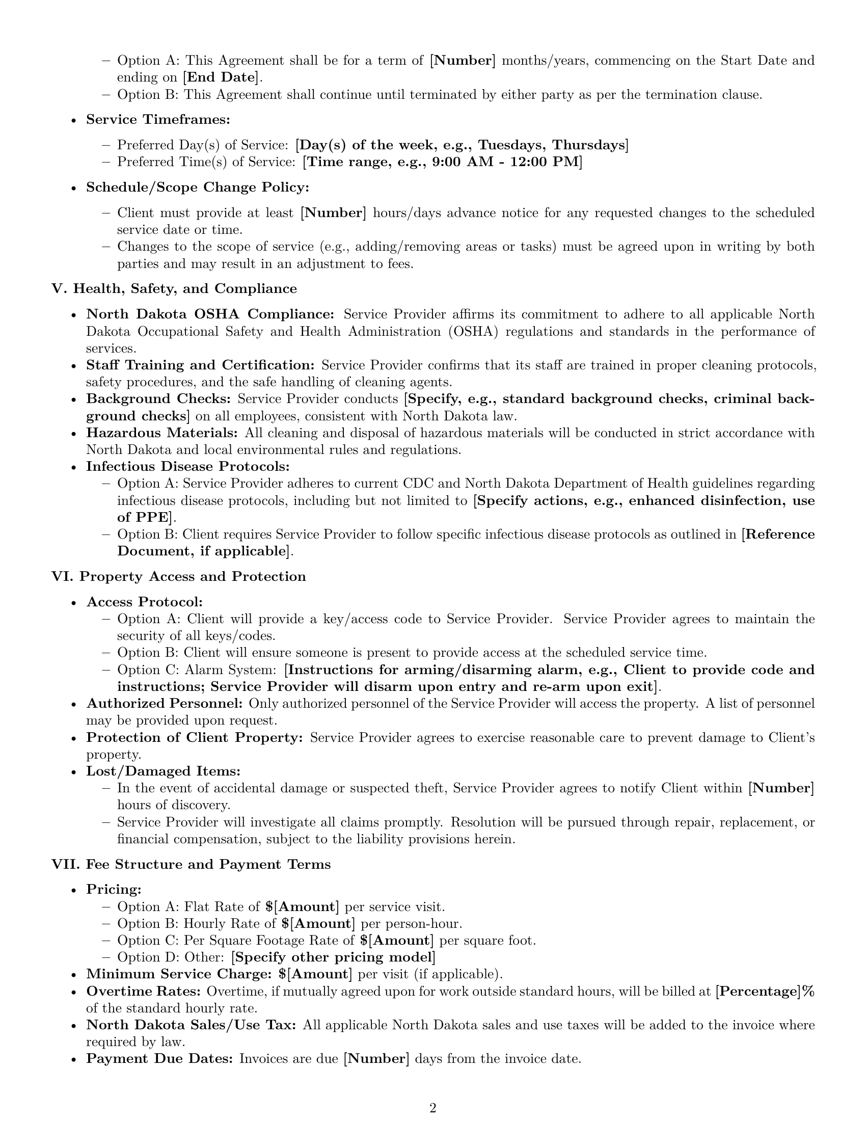 Preview page 2 of Pro North Dakota cleaning service contract template