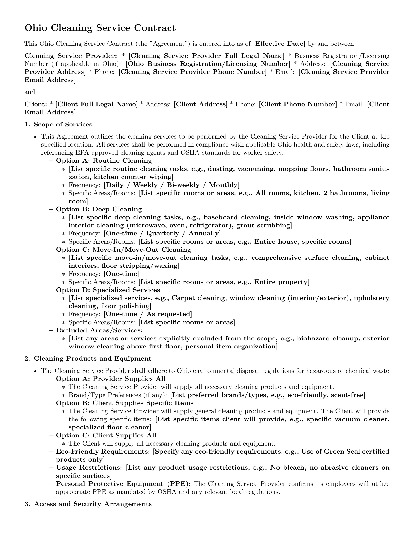 Preview page 1 of Pro Ohio cleaning service contract template