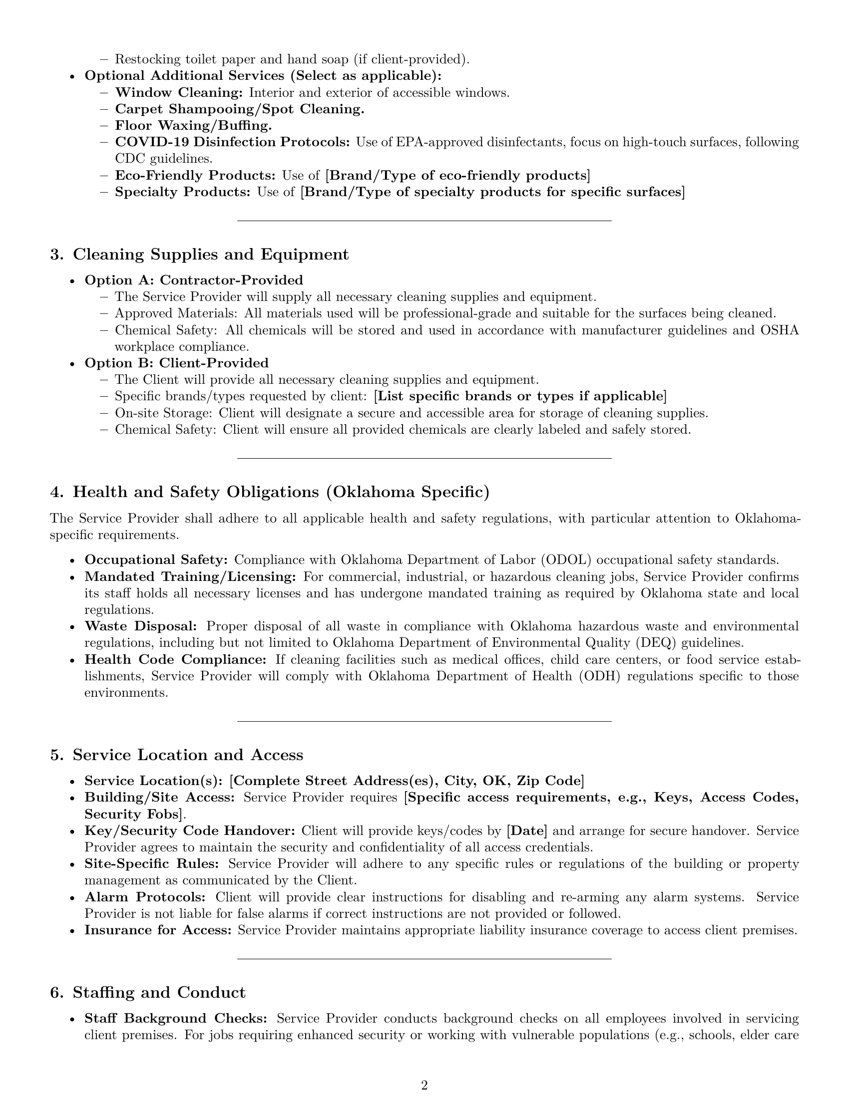Preview page 2 of Pro Oklahoma cleaning service contract template