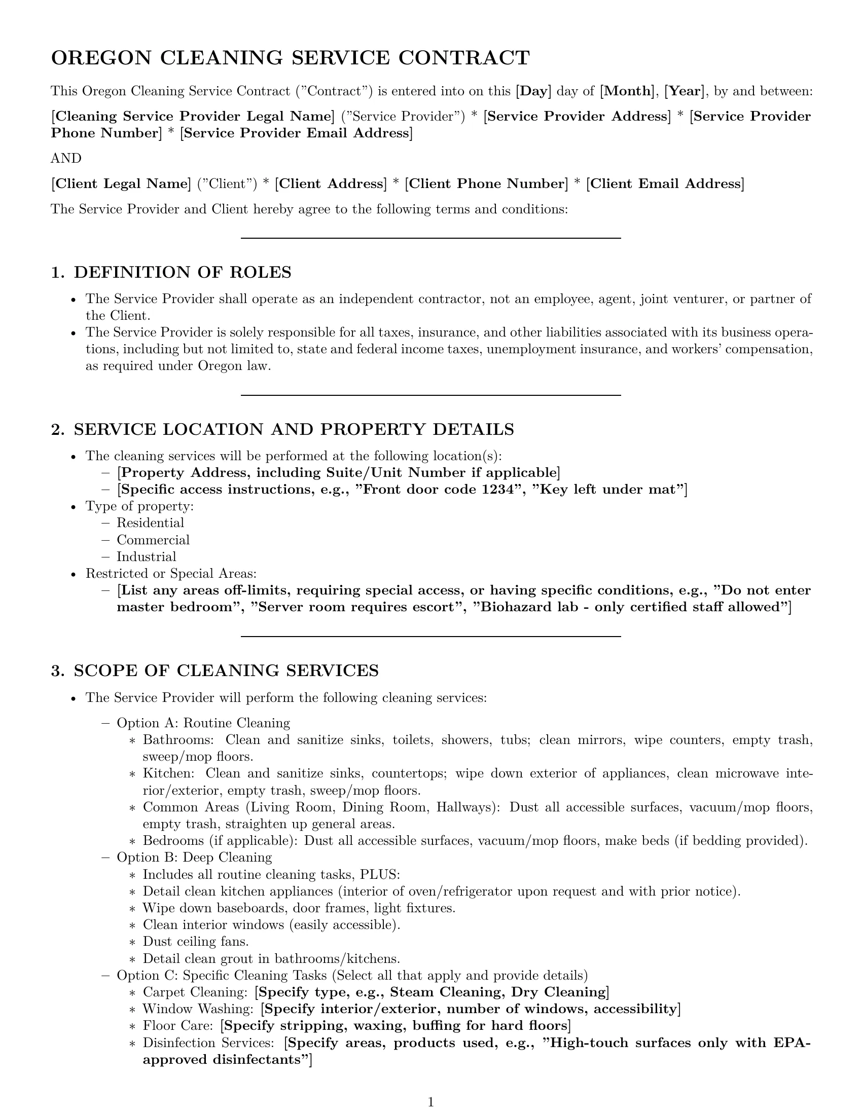 Preview page 1 of Pro Oregon cleaning service contract template