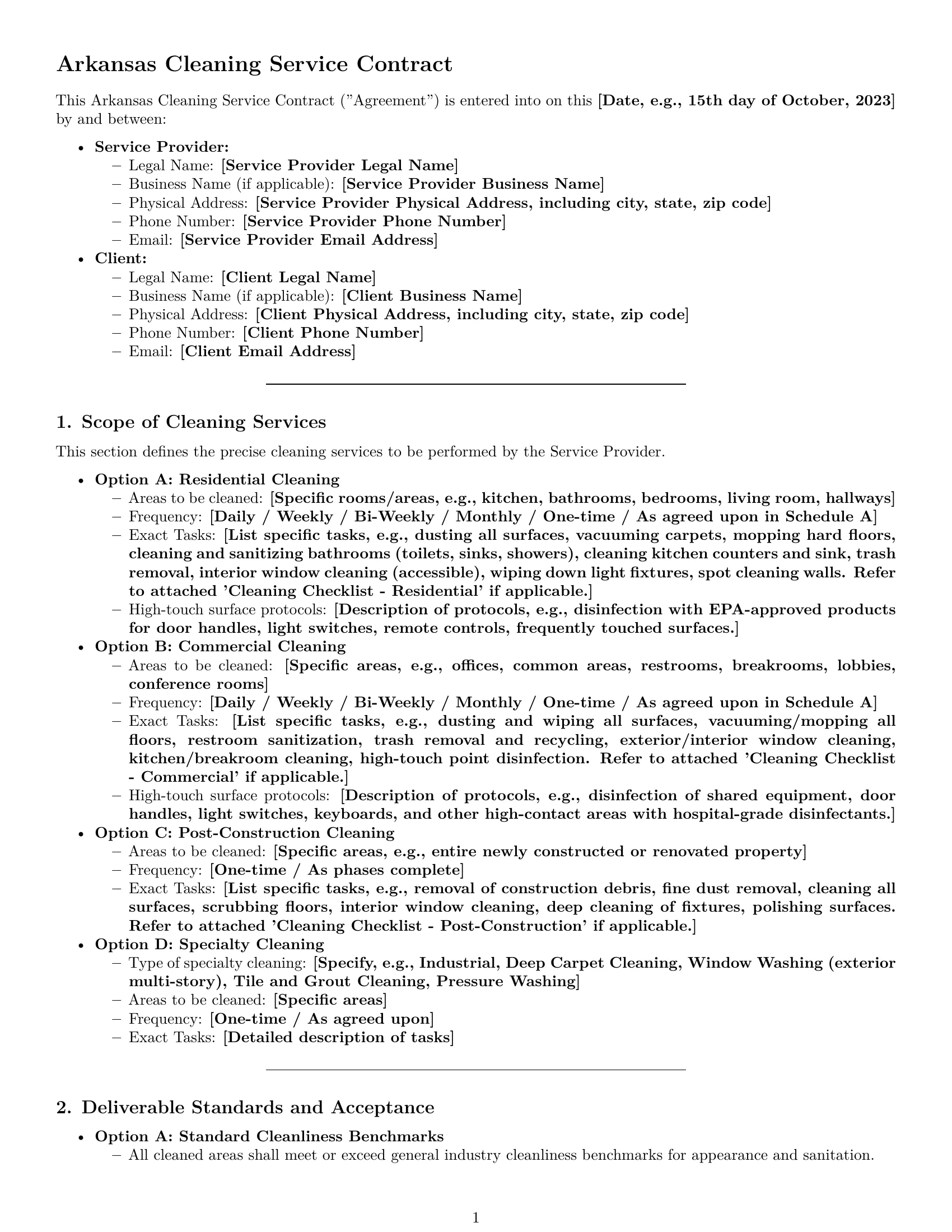 Preview page 1 of Pro Arkansas cleaning service contract template