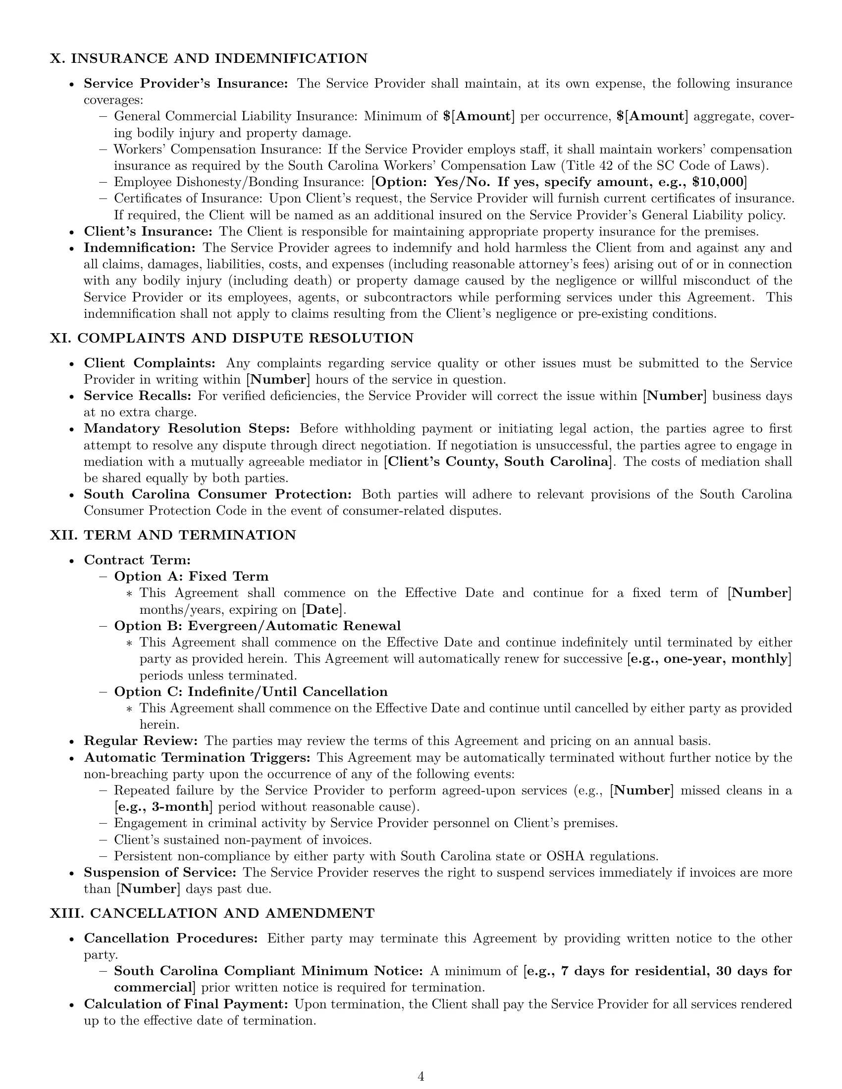 Preview page 4 of Pro South Carolina cleaning service contract template