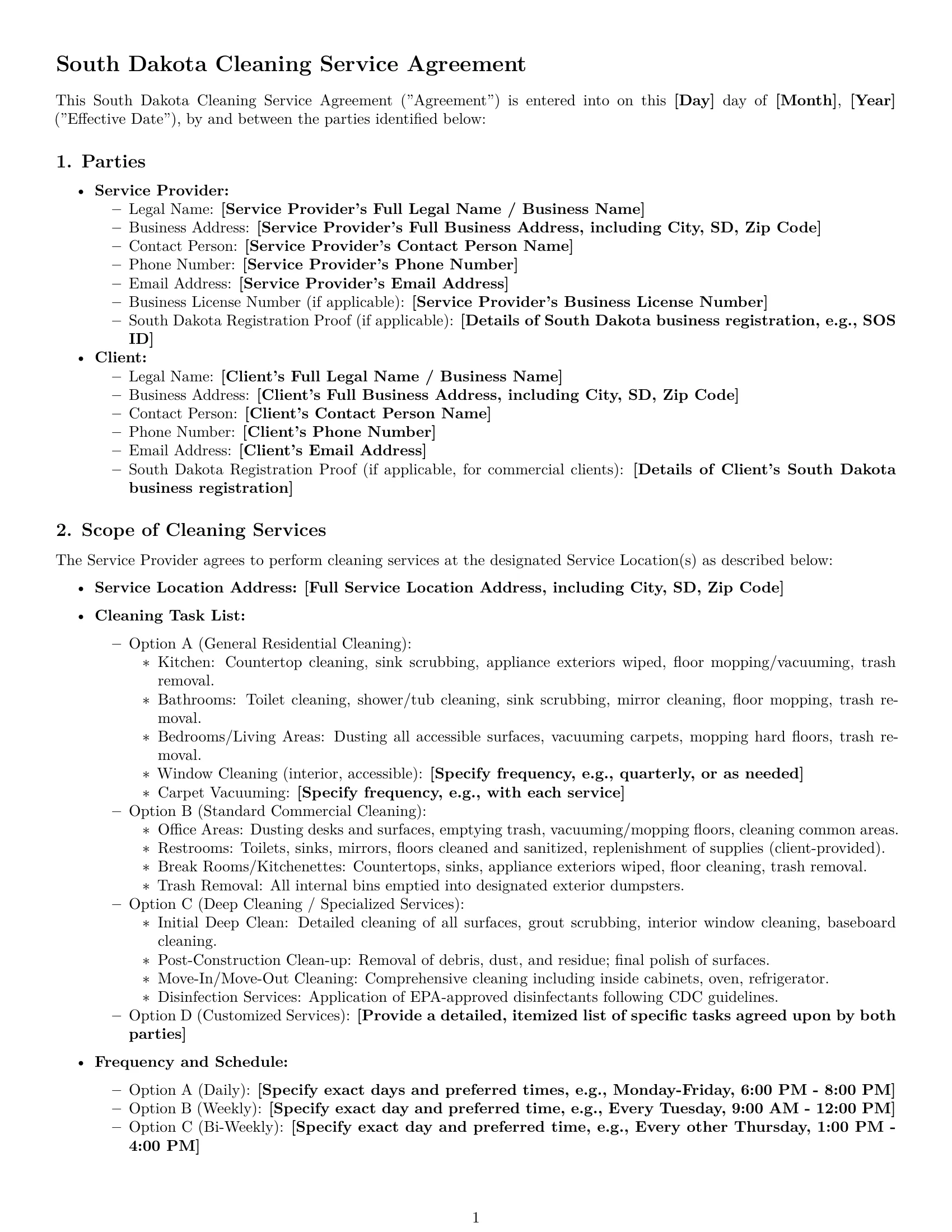 Preview page 1 of Pro South Dakota cleaning service contract template