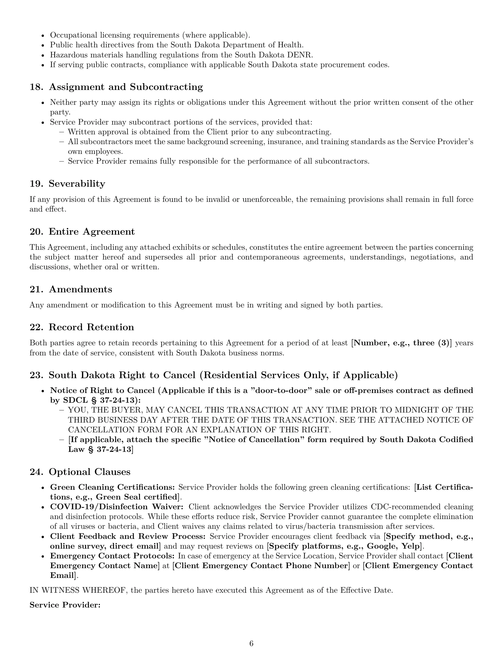 Preview page 6 of Pro South Dakota cleaning service contract template