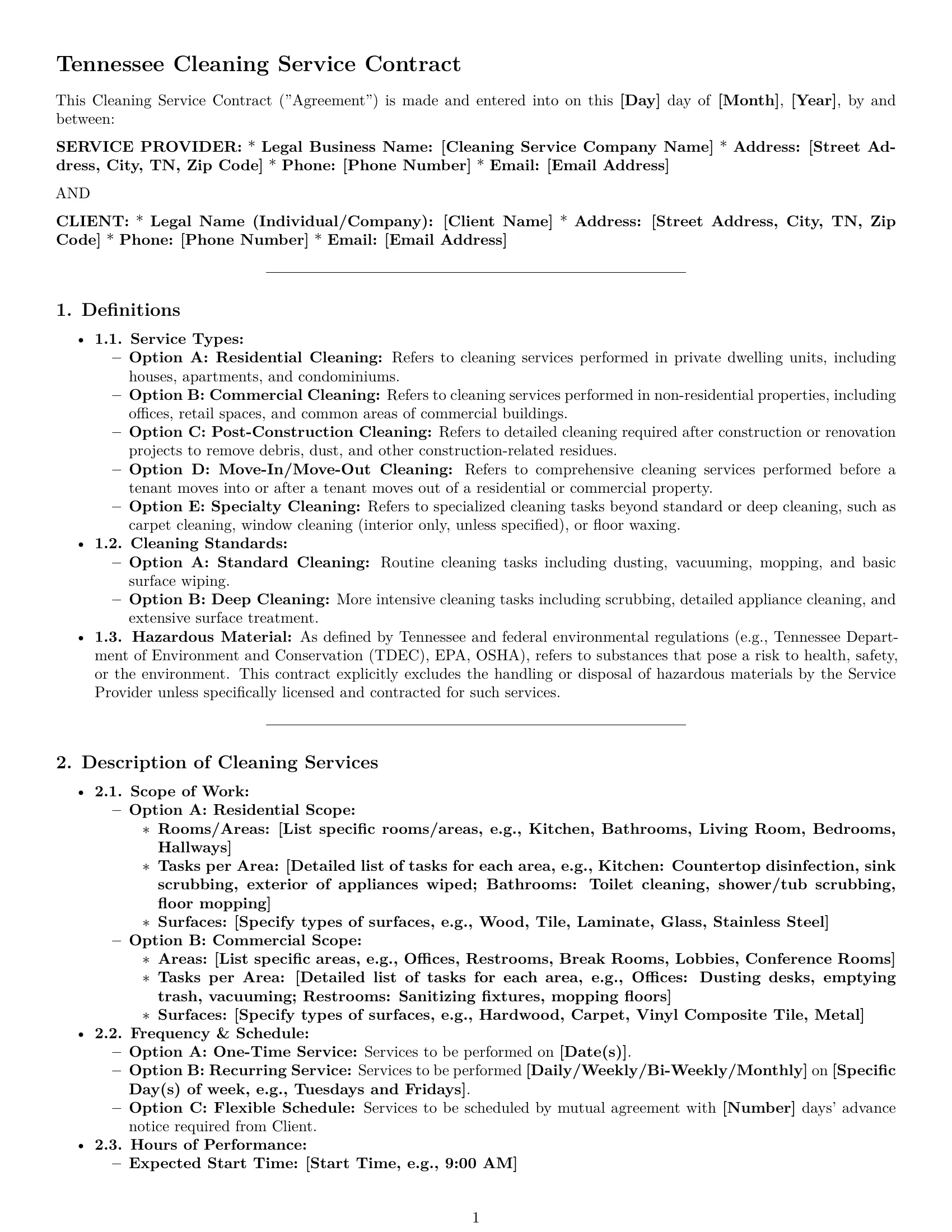 Preview page 1 of Pro Tennessee cleaning service contract template