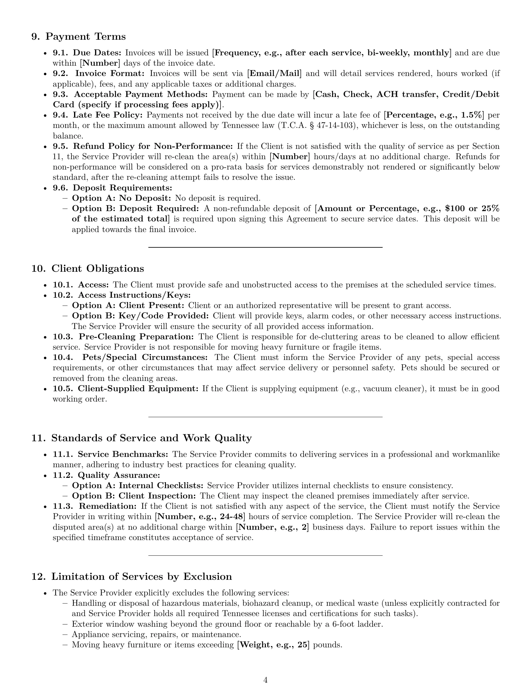 Preview page 4 of Pro Tennessee cleaning service contract template
