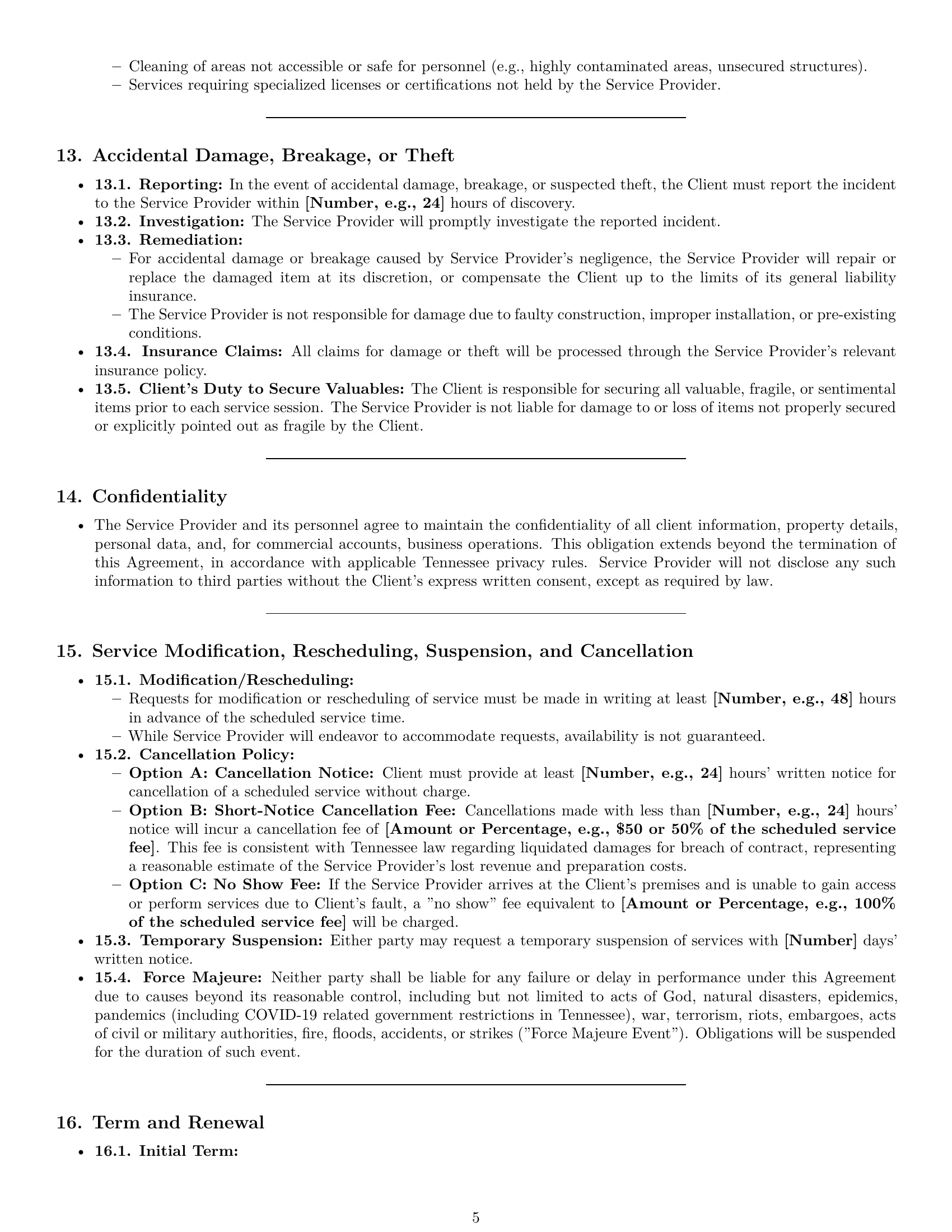 Preview page 5 of Pro Tennessee cleaning service contract template