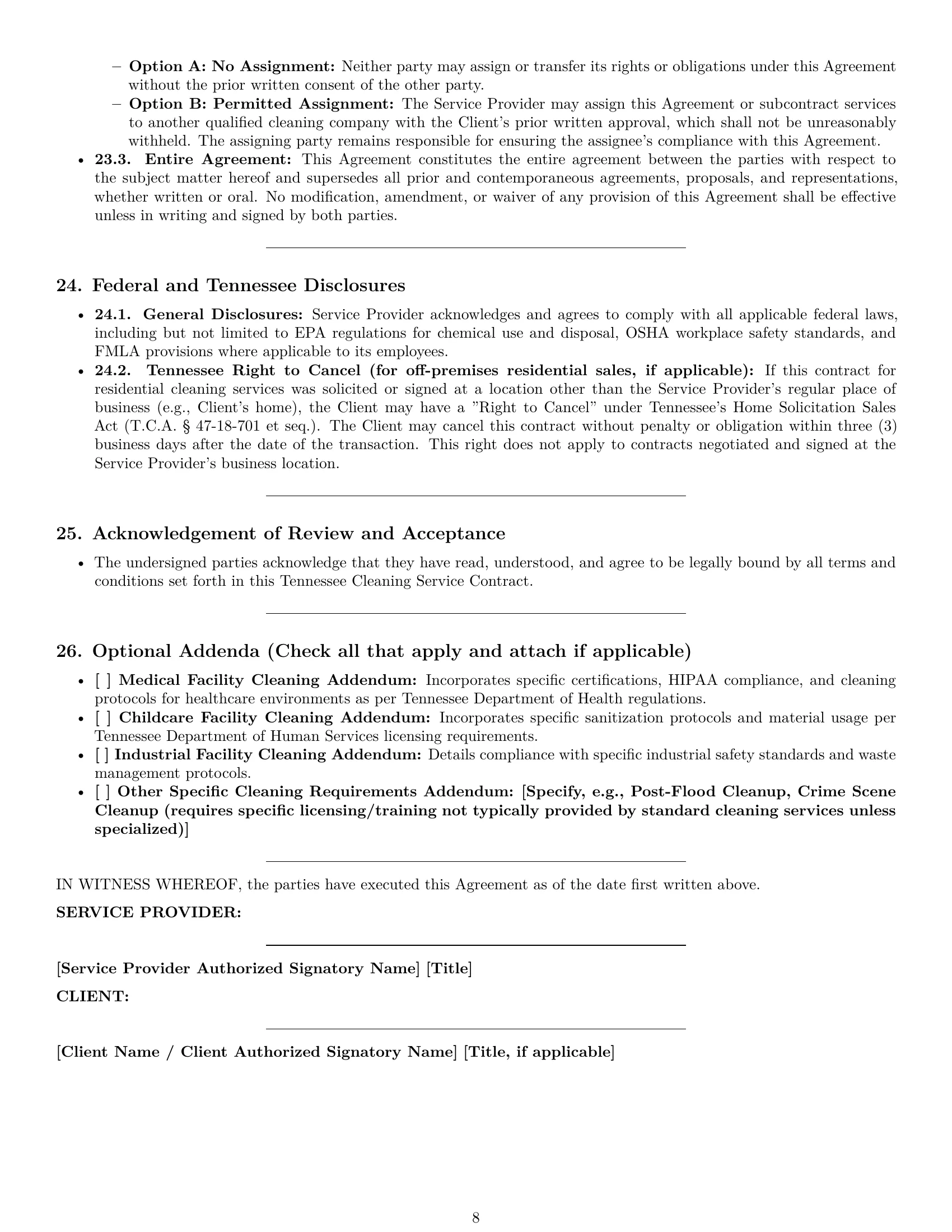 Preview page 8 of Pro Tennessee cleaning service contract template